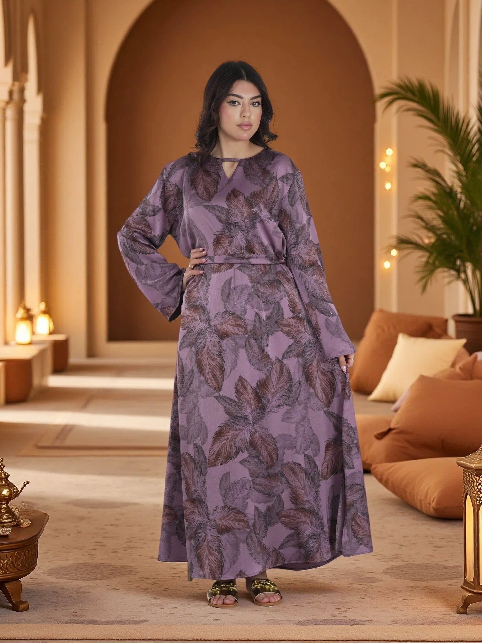 Finelook Elegant Floral Maxi Dress – Modest Long Sleeve Belted Evening Dress in Lavender Purple