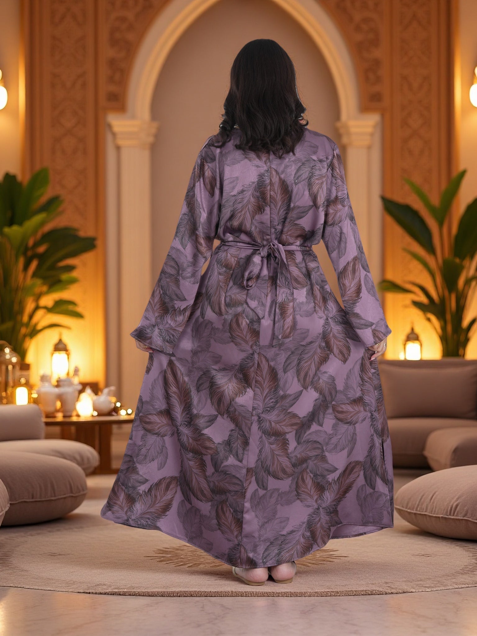 Finelook Elegant Floral Maxi Dress – Modest Long Sleeve Belted Evening Dress in Lavender Purple