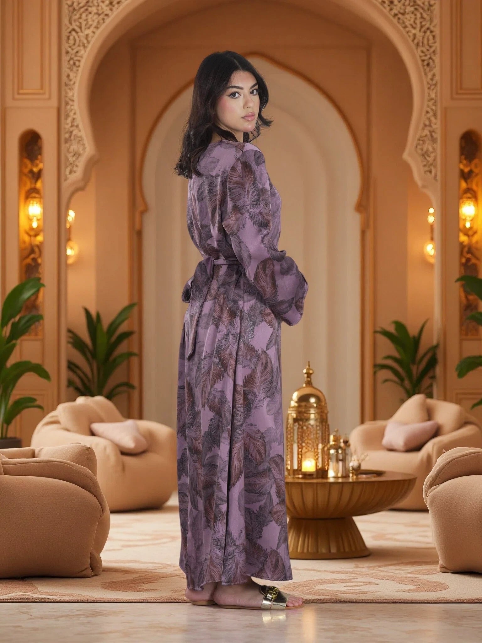 Finelook Elegant Floral Maxi Dress – Modest Long Sleeve Belted Evening Dress in Lavender Purple