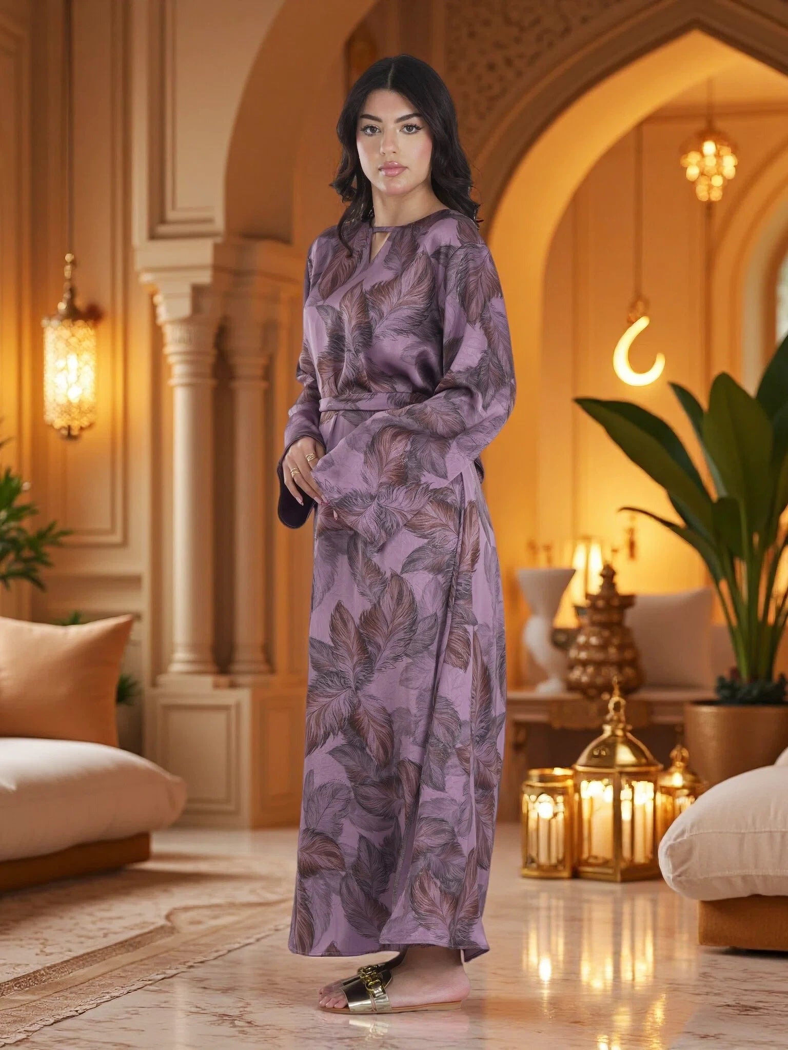Finelook Elegant Floral Maxi Dress – Modest Long Sleeve Belted Evening Dress in Lavender Purple