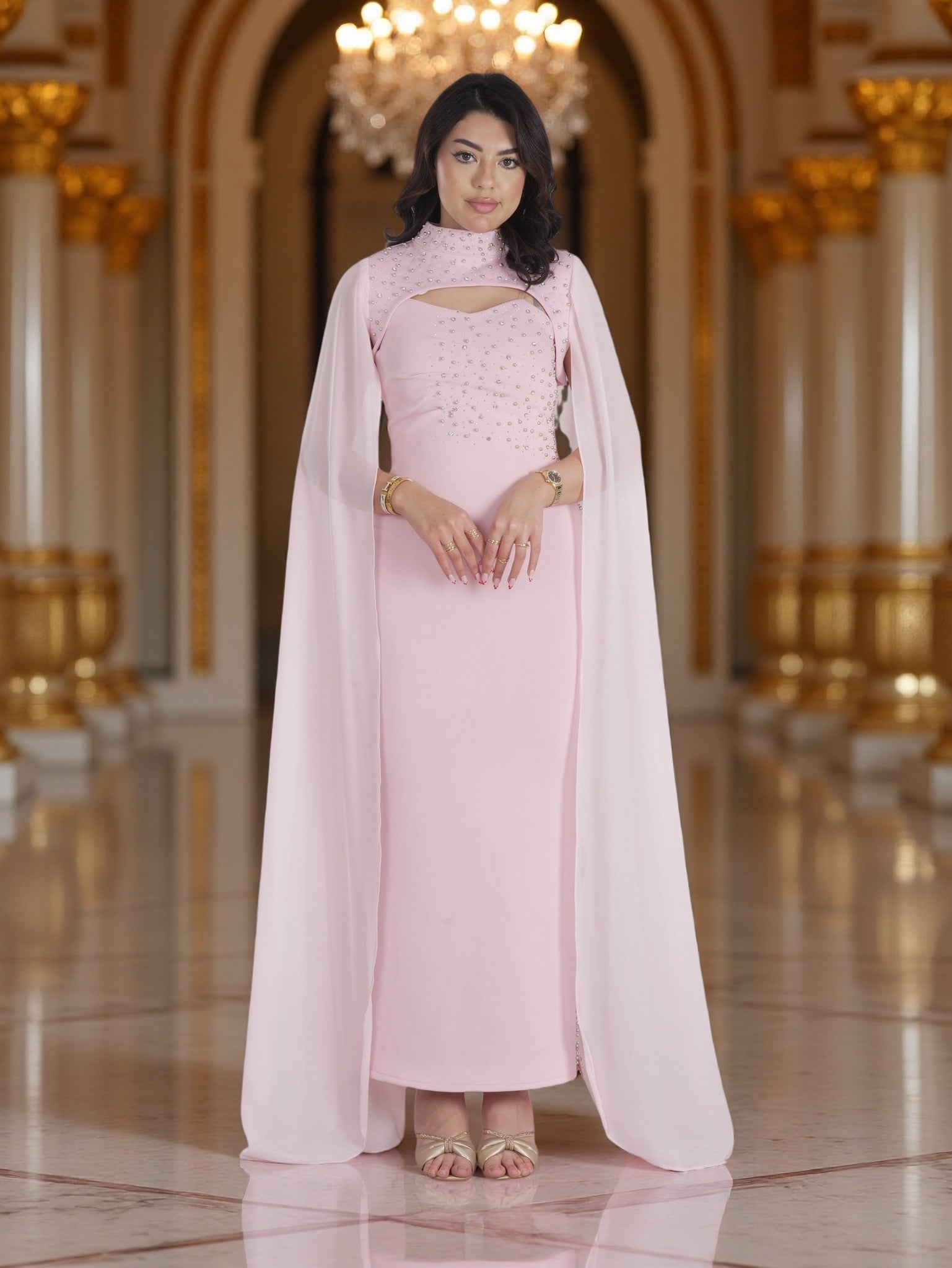 Blush Pink Beaded Cape Evening Gown for Women – Modest Chiffon Maxi Dress Formal & Eid Wear