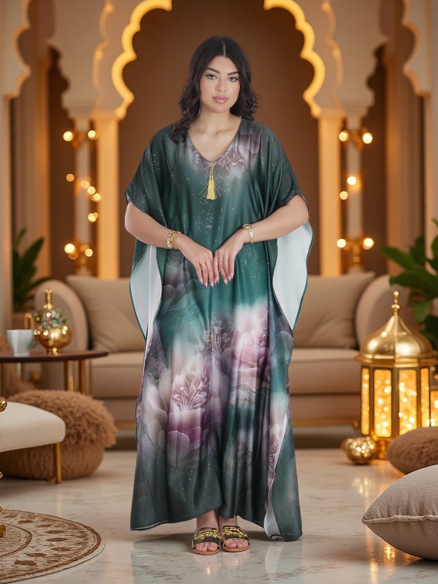 Luxury Emerald Green Floral Kaftan Maxi Dress – Elegant Modest Ramadan & Eid Wear