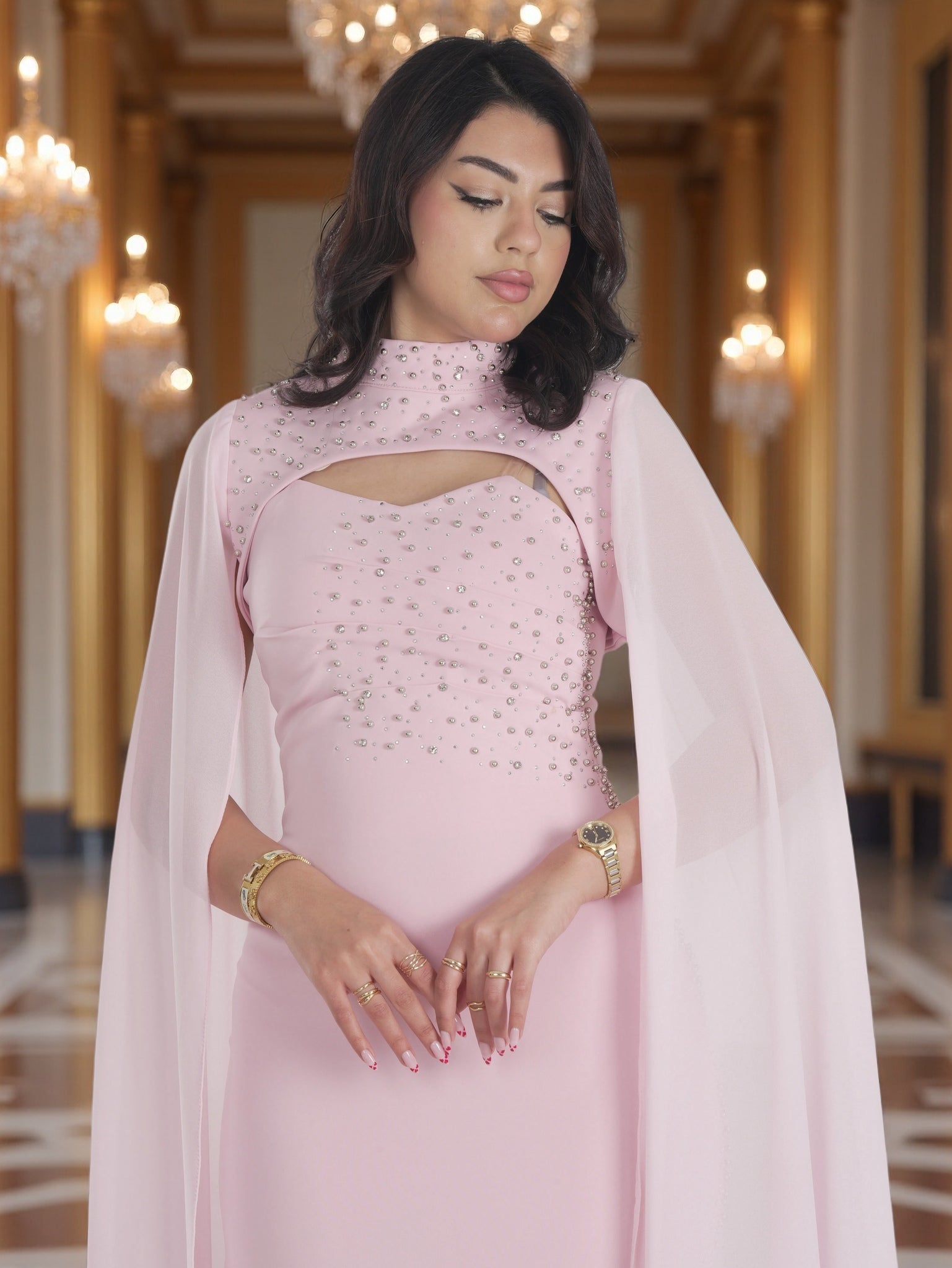 Blush Pink Beaded Cape Evening Gown for Women – Modest Chiffon Maxi Dress Formal & Eid Wear