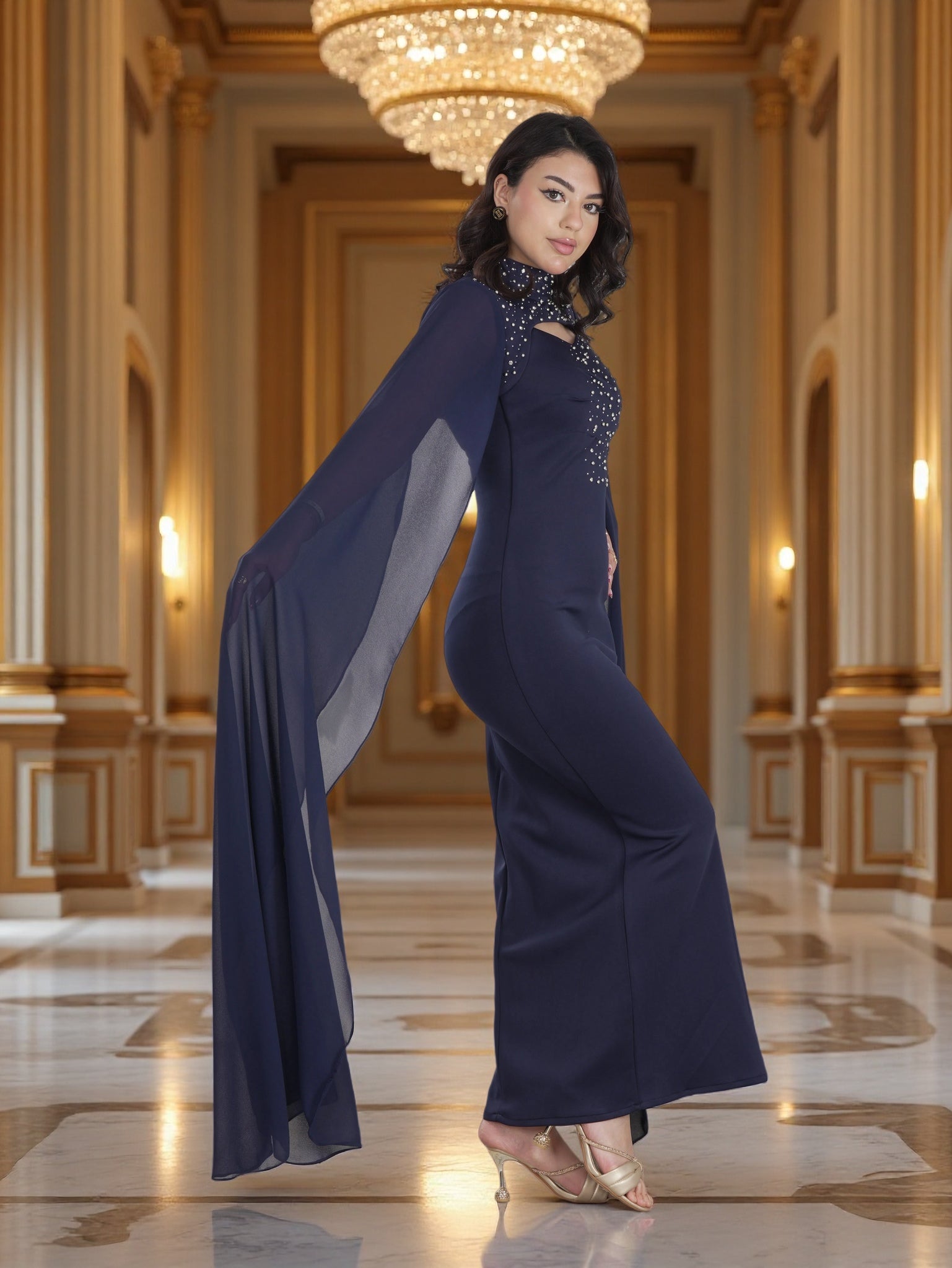 Luxury Navy Blue Crystal-Embellished Cape Maxi Dress – Modest Elegant Evening Gown