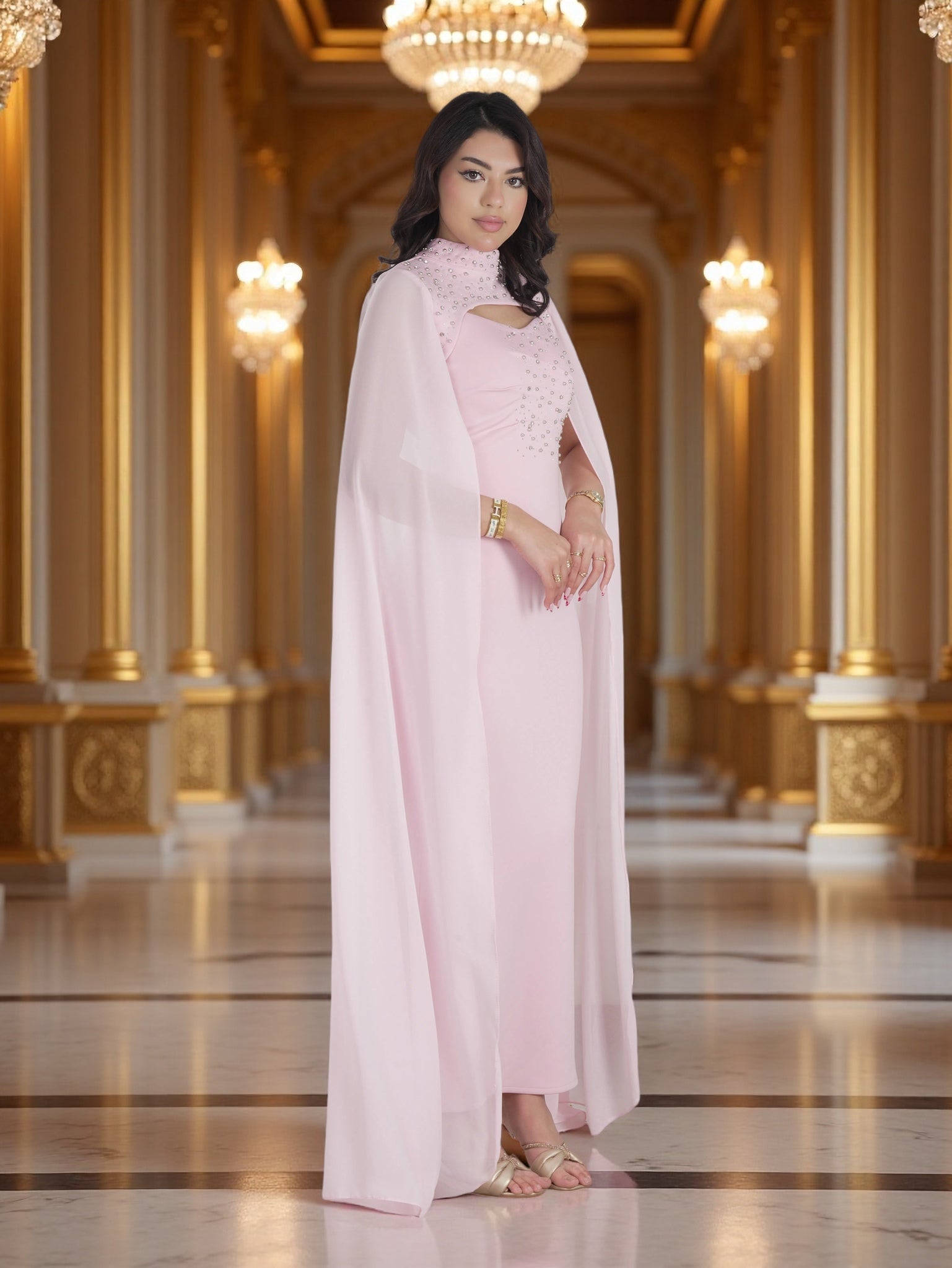 Blush Pink Beaded Cape Evening Gown for Women – Modest Chiffon Maxi Dress Formal & Eid Wear