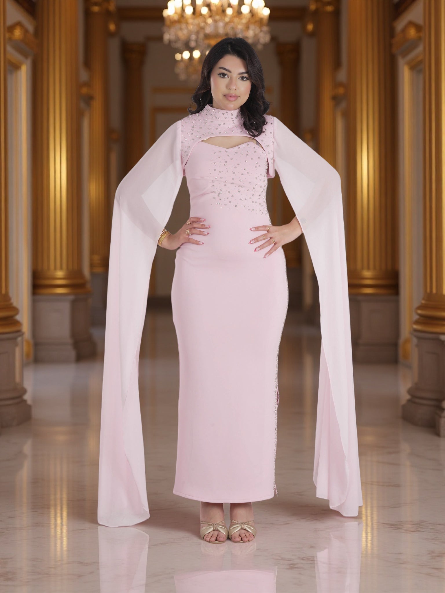 Blush Pink Beaded Cape Evening Gown for Women – Modest Chiffon Maxi Dress Formal & Eid Wear