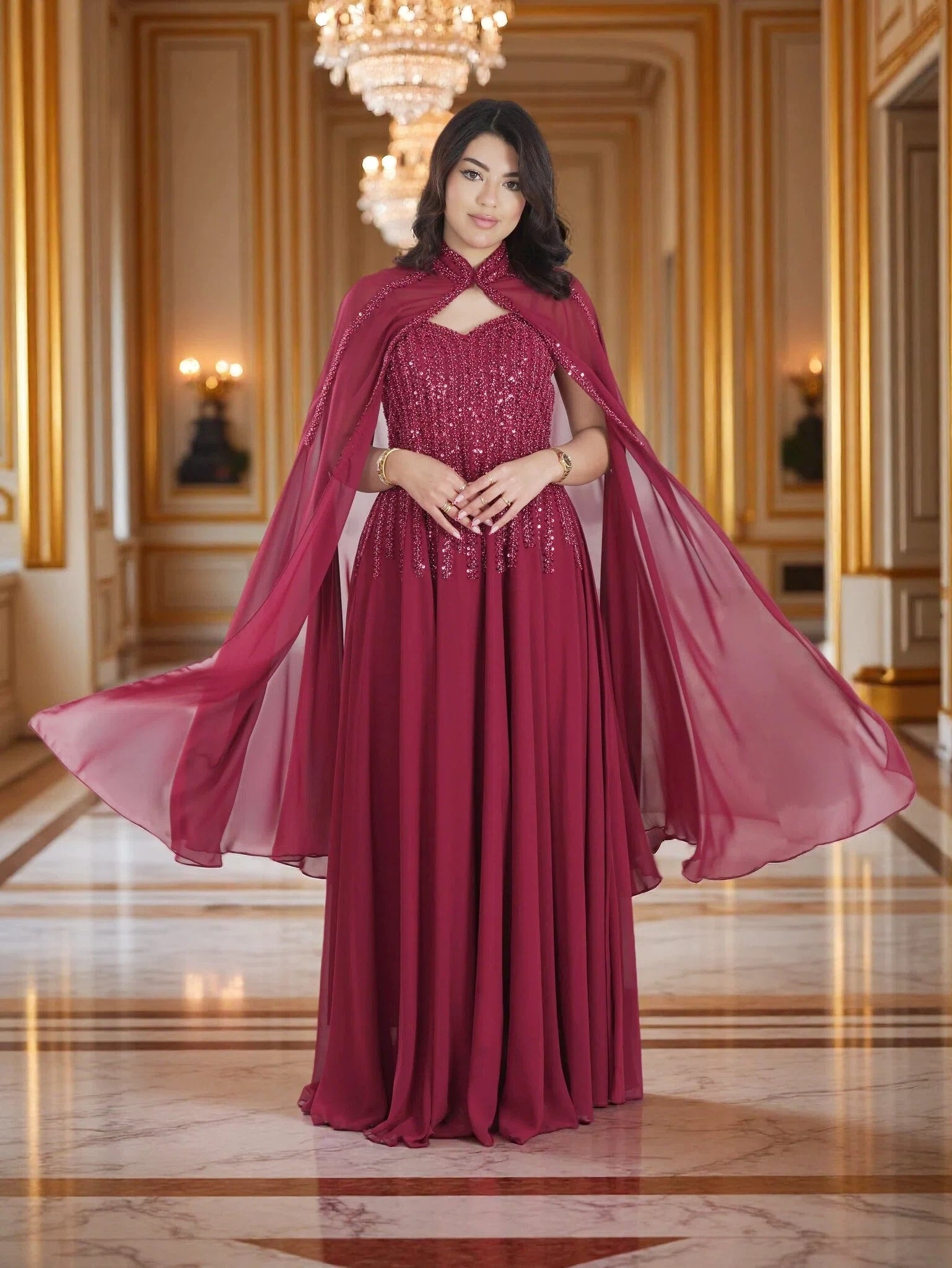 Royal Burgundy Beaded Cape Evening Gown – Luxury Modest Chiffon Maxi Dress