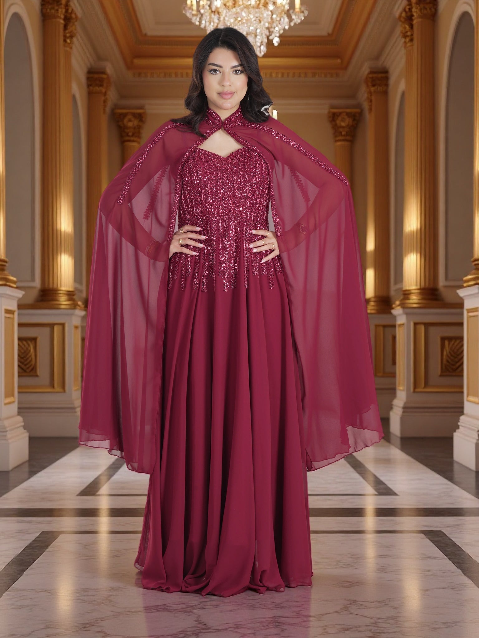 Royal Burgundy Beaded Cape Evening Gown – Luxury Modest Chiffon Maxi Dress