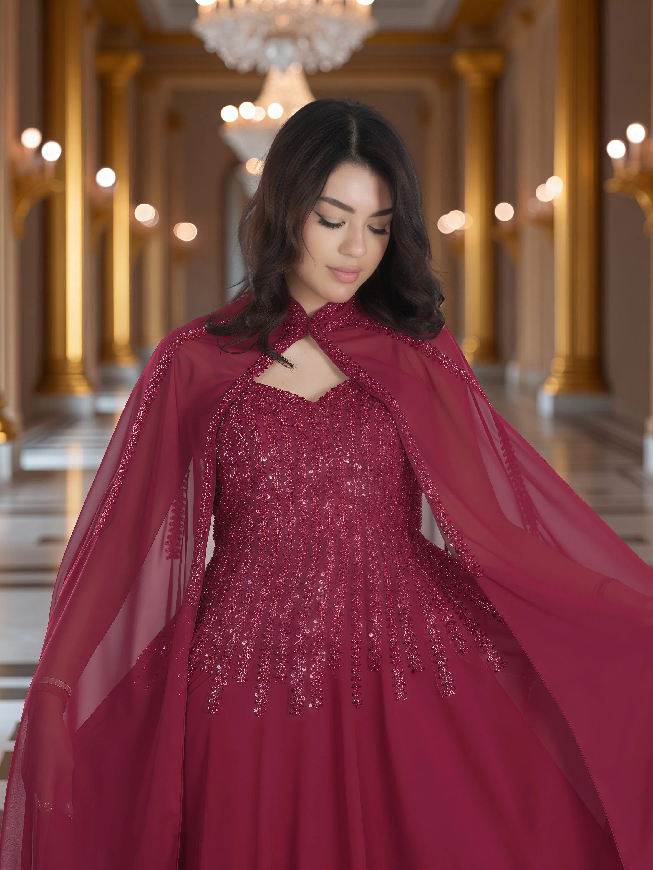 Royal Burgundy Beaded Cape Evening Gown – Luxury Modest Chiffon Maxi Dress