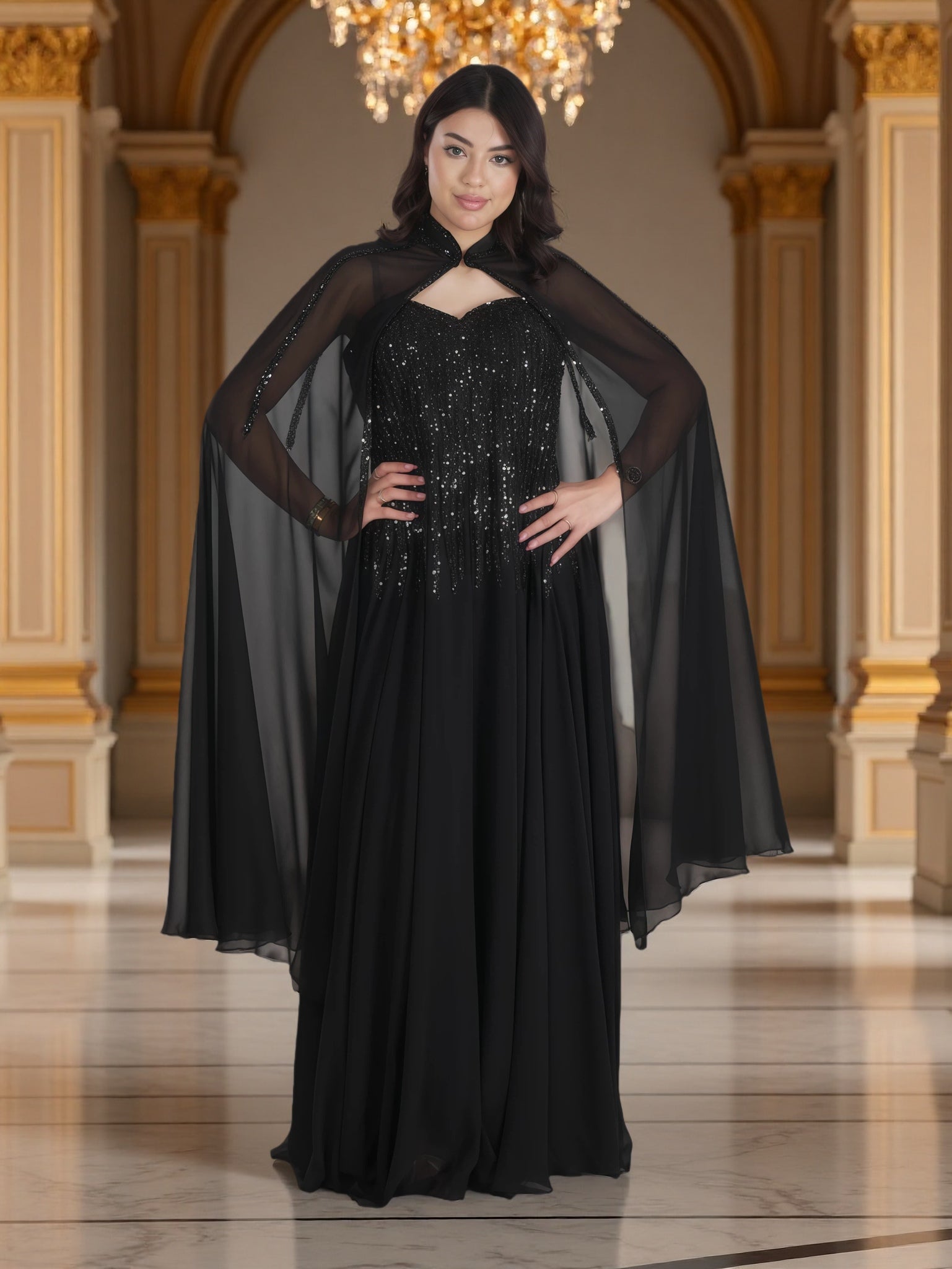Luxury Black Cape Evening Gown | Modest Beaded Chiffon Maxi Dress for Women