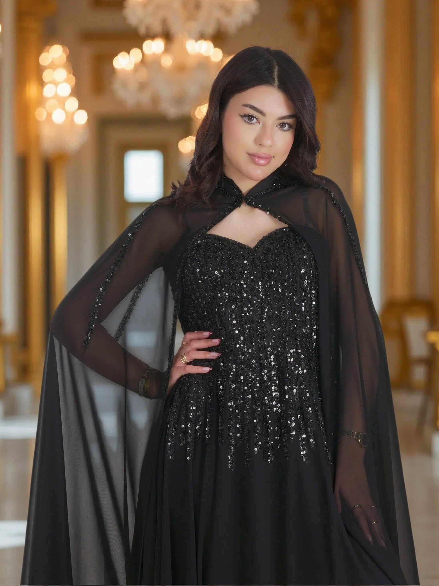 Luxury Black Cape Evening Gown | Modest Beaded Chiffon Maxi Dress for Women