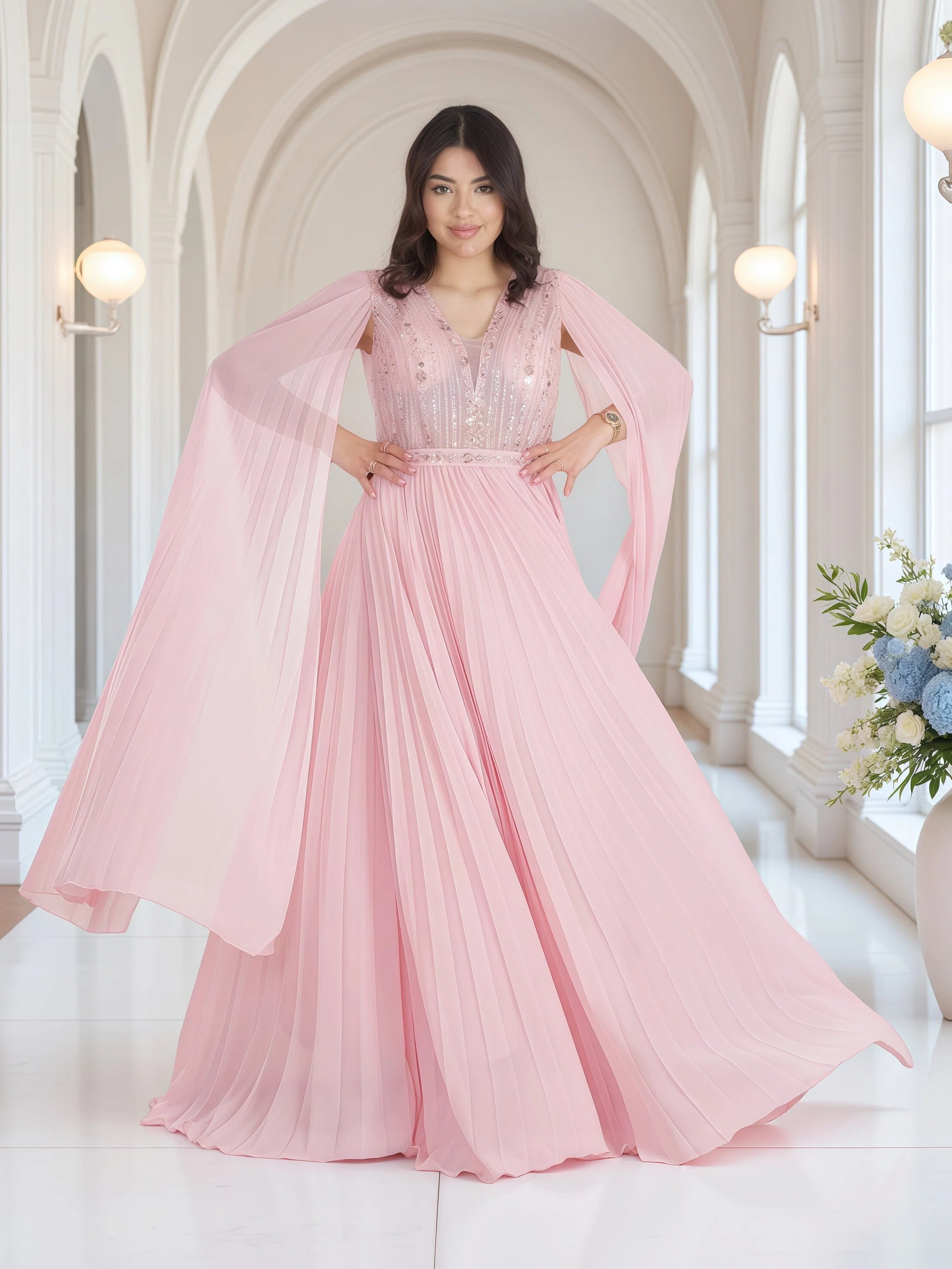 Luxury Blush Pink Pleated Cape Maxi Gown – Elegant Modest Chiffon Evening Dress