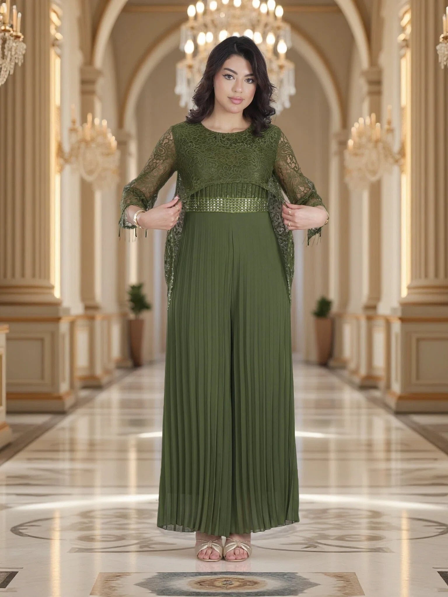 Elegant Olive Green Lace & Pleated Chiffon Maxi Dress – Luxury Modest Evening & Eid Gown