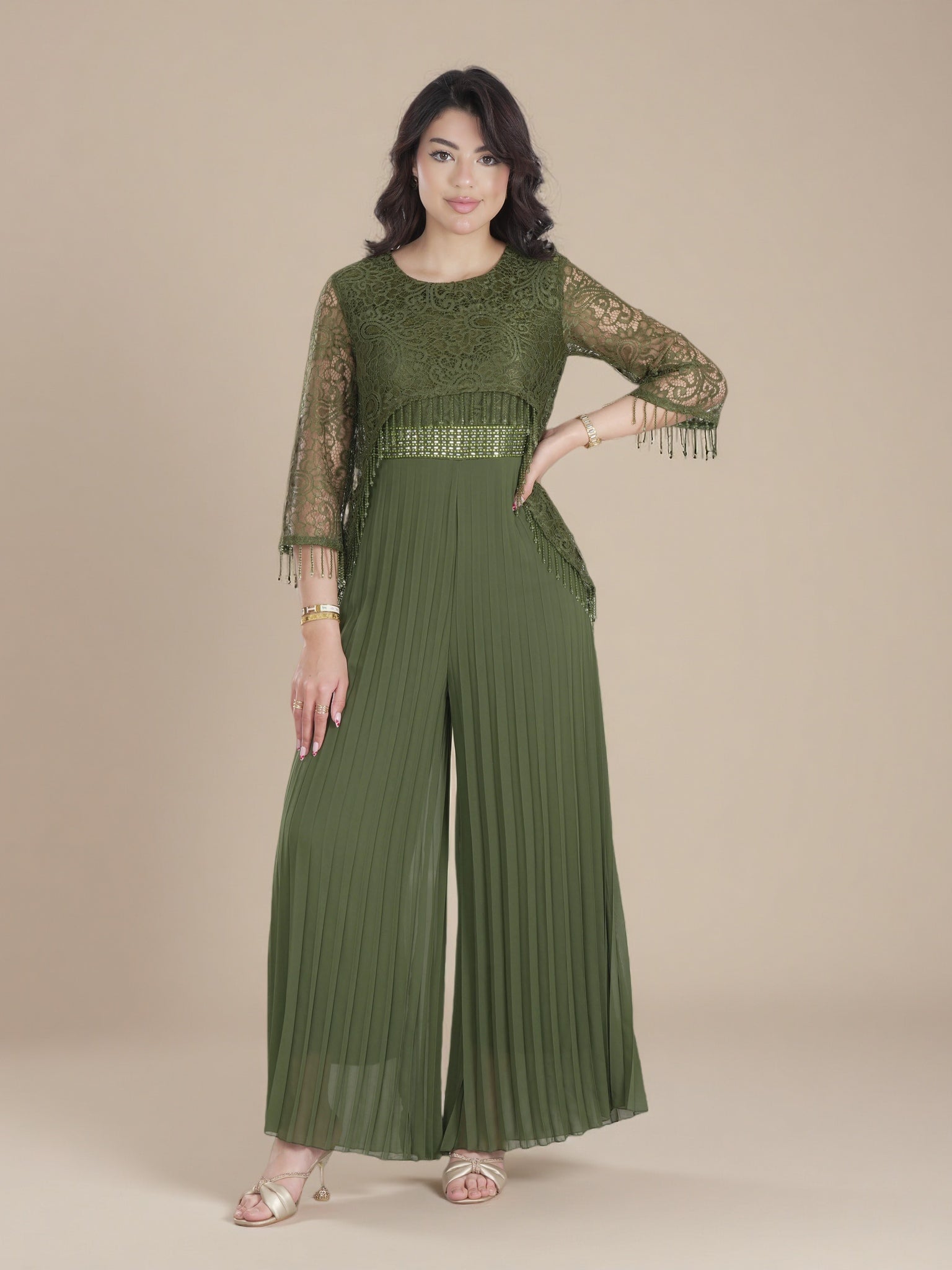 Elegant Olive Green Lace & Pleated Chiffon Maxi Dress – Luxury Modest Evening & Eid Gown
