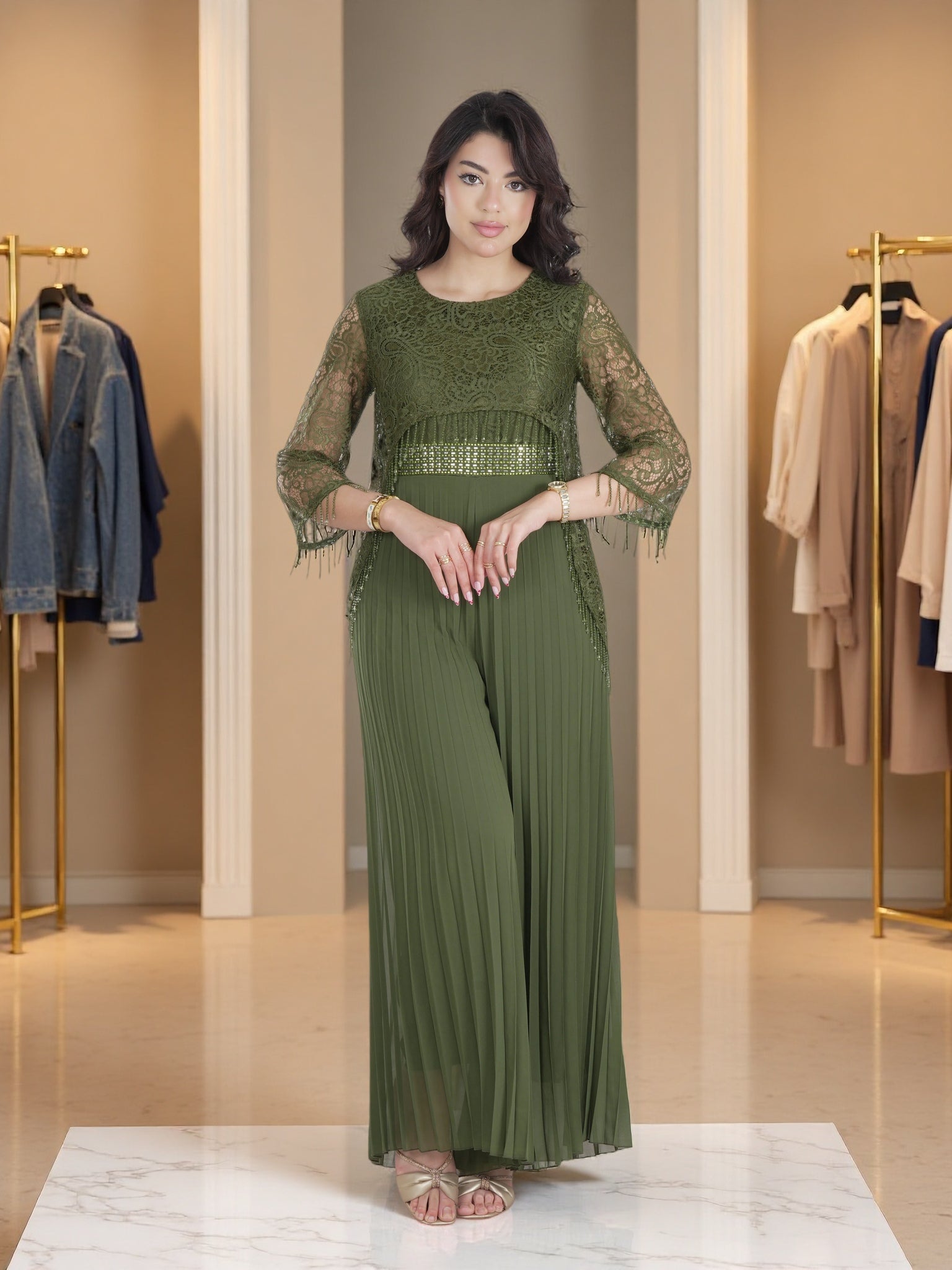 Elegant Olive Green Lace & Pleated Chiffon Maxi Dress – Luxury Modest Evening & Eid Gown