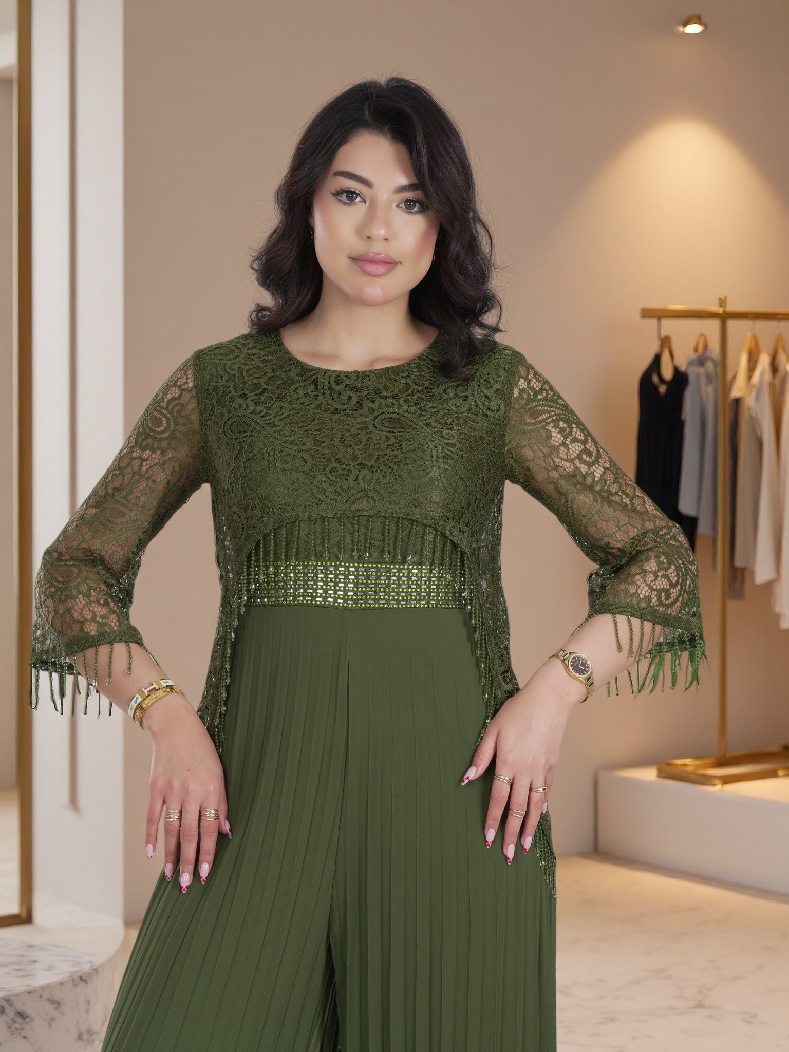Elegant Olive Green Lace & Pleated Chiffon Maxi Dress – Luxury Modest Evening & Eid Gown