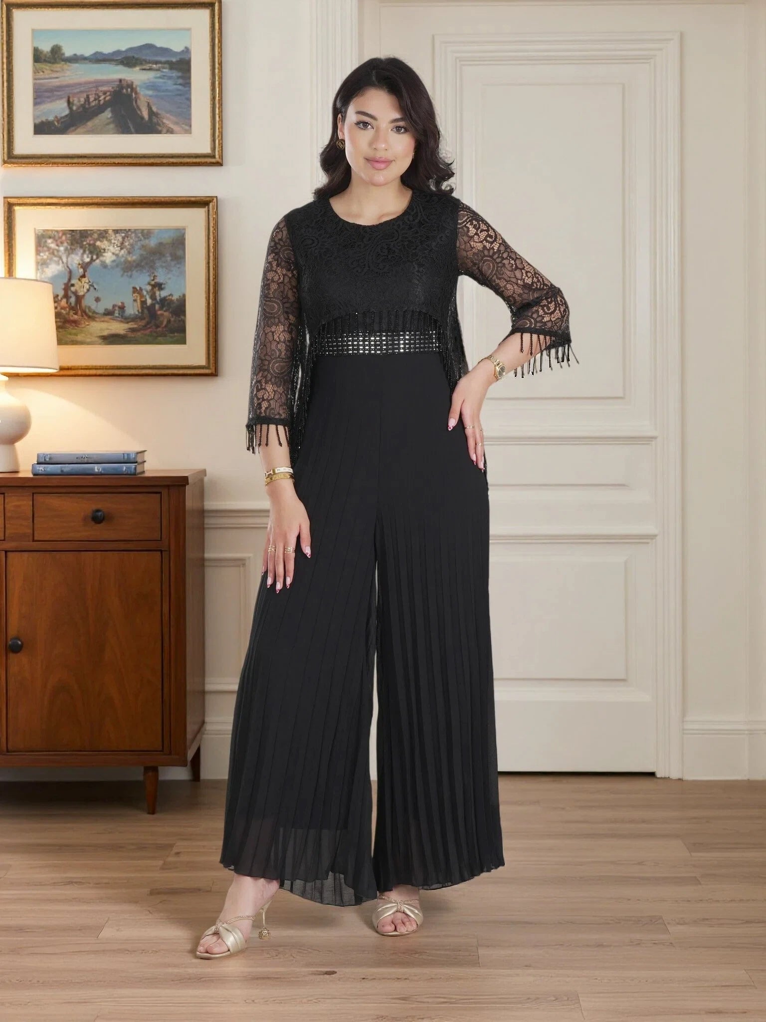 Luxury Black Lace & Pleated Wide-Leg Jumpsuit – Elegant Modest Evening & Party Wear