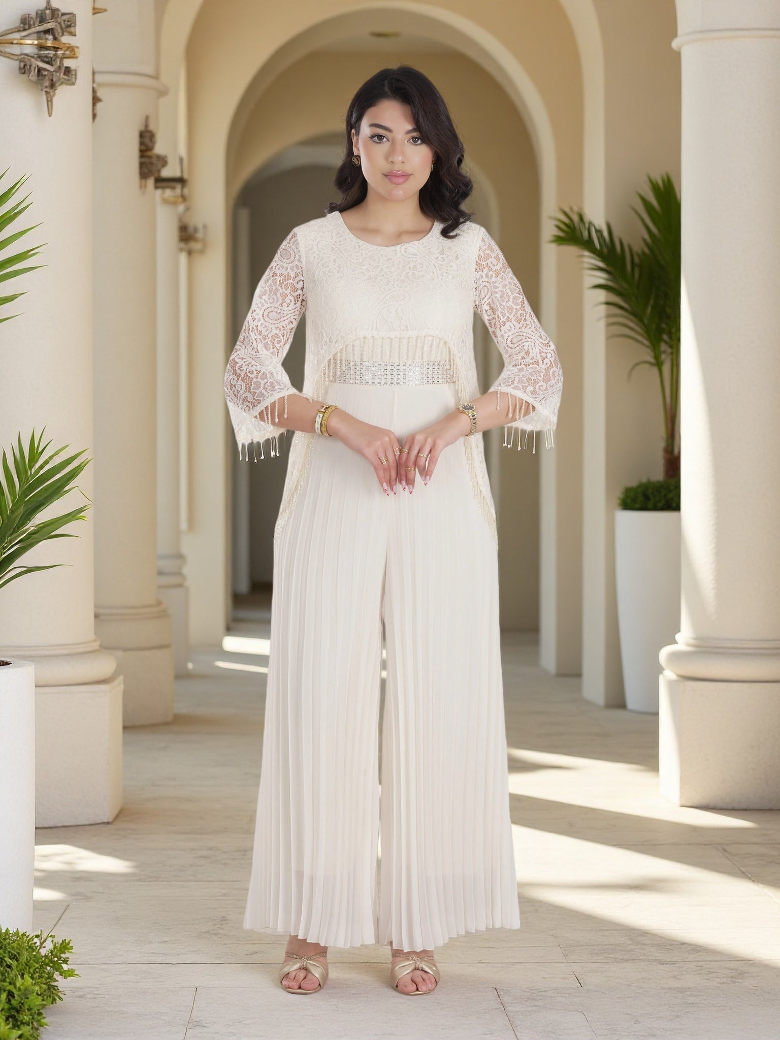 Elegant White Lace & Pleated Wide-Leg Jumpsuit – Luxury Modest Evening & Eid Wear