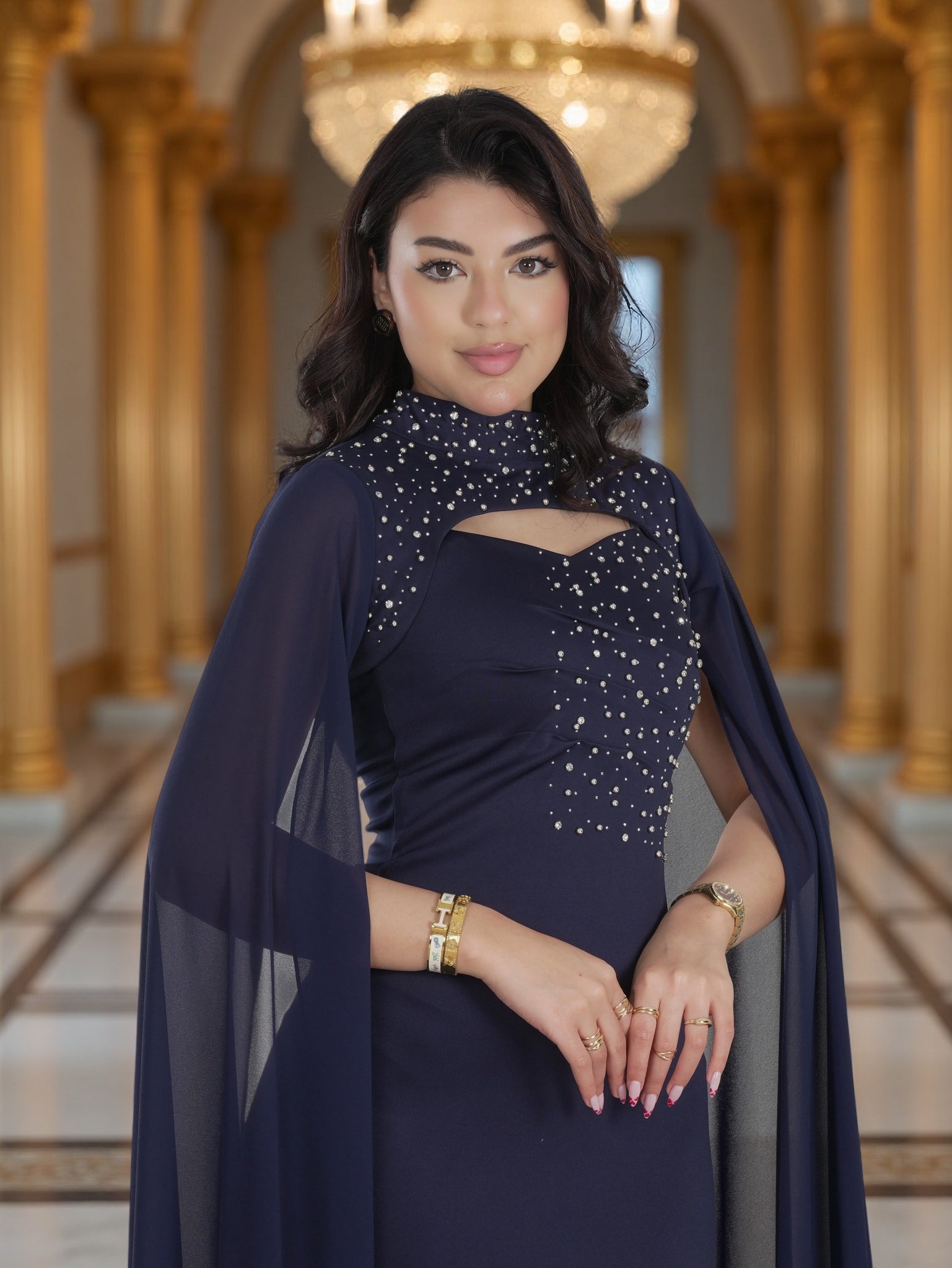 Luxury Navy Blue Crystal-Embellished Cape Maxi Dress – Modest Elegant Evening Gown