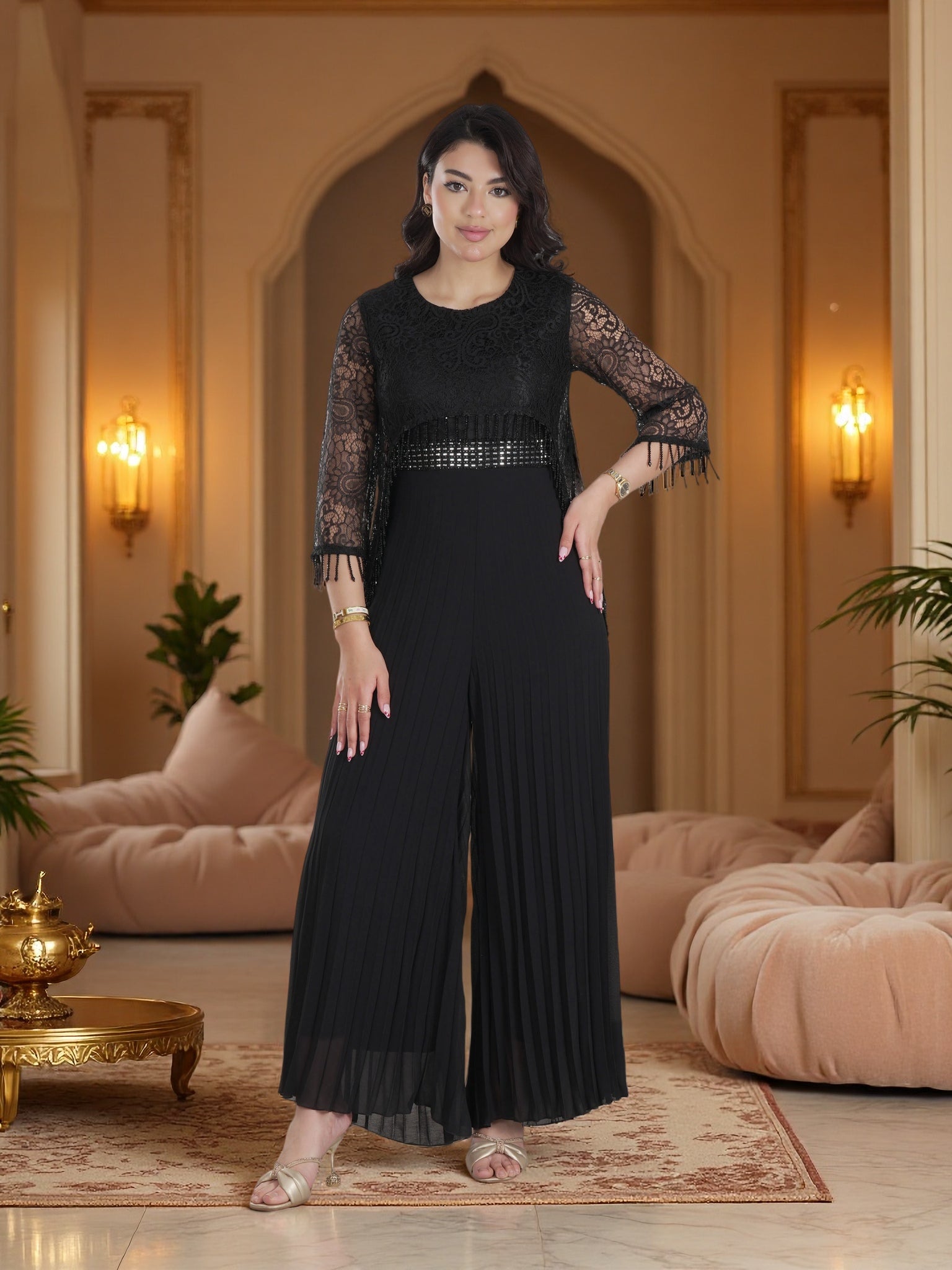 Luxury Black Lace & Pleated Wide-Leg Jumpsuit – Elegant Modest Evening & Party Wear