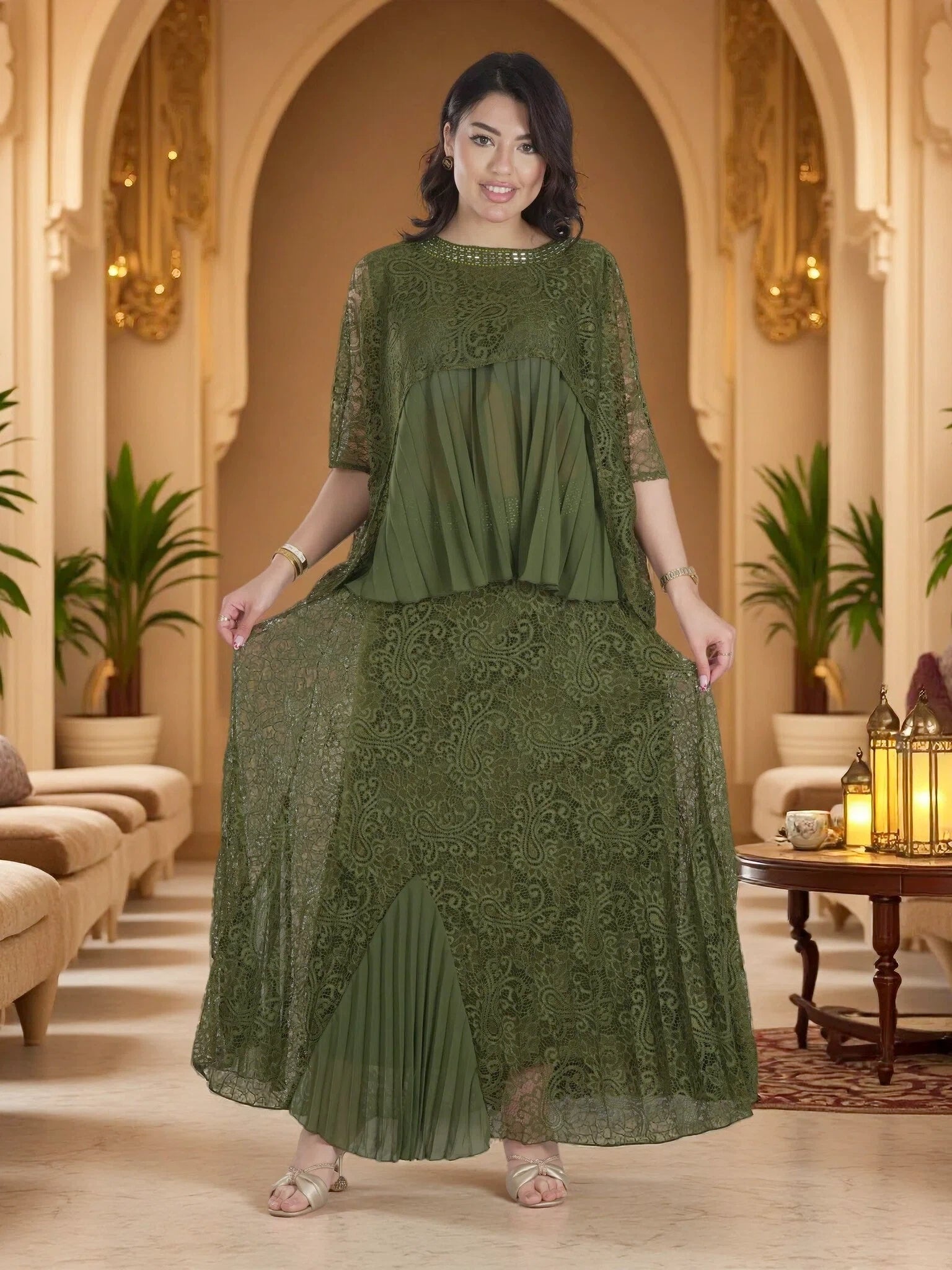 Luxury Olive Green Lace Pleated Maxi Dress – Elegant Modest Evening & Ramadan Occasion Gown