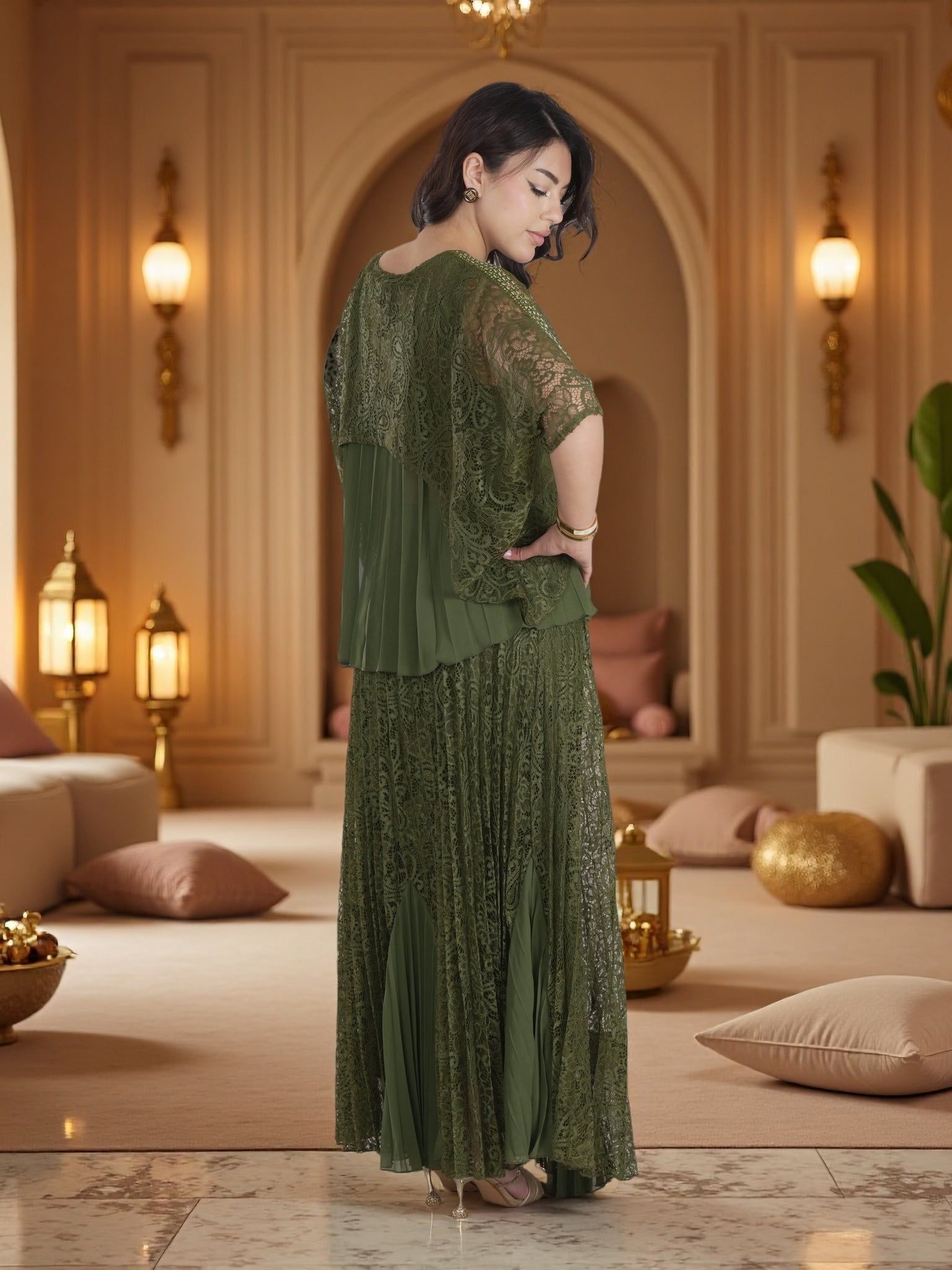 Luxury Olive Green Lace Pleated Maxi Dress – Elegant Modest Evening & Ramadan Occasion Gown