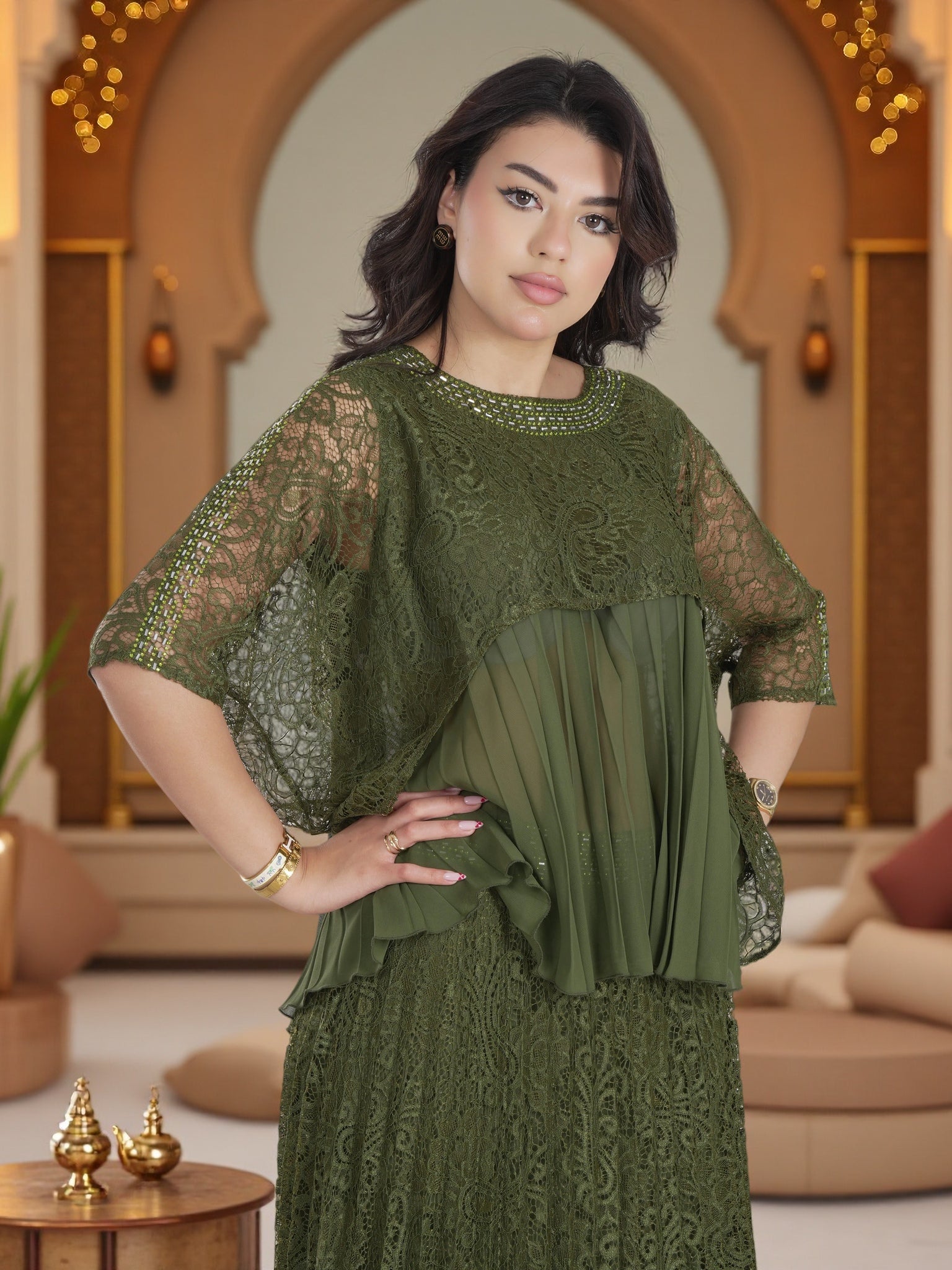 Luxury Olive Green Lace Pleated Maxi Dress – Elegant Modest Evening & Ramadan Occasion Gown