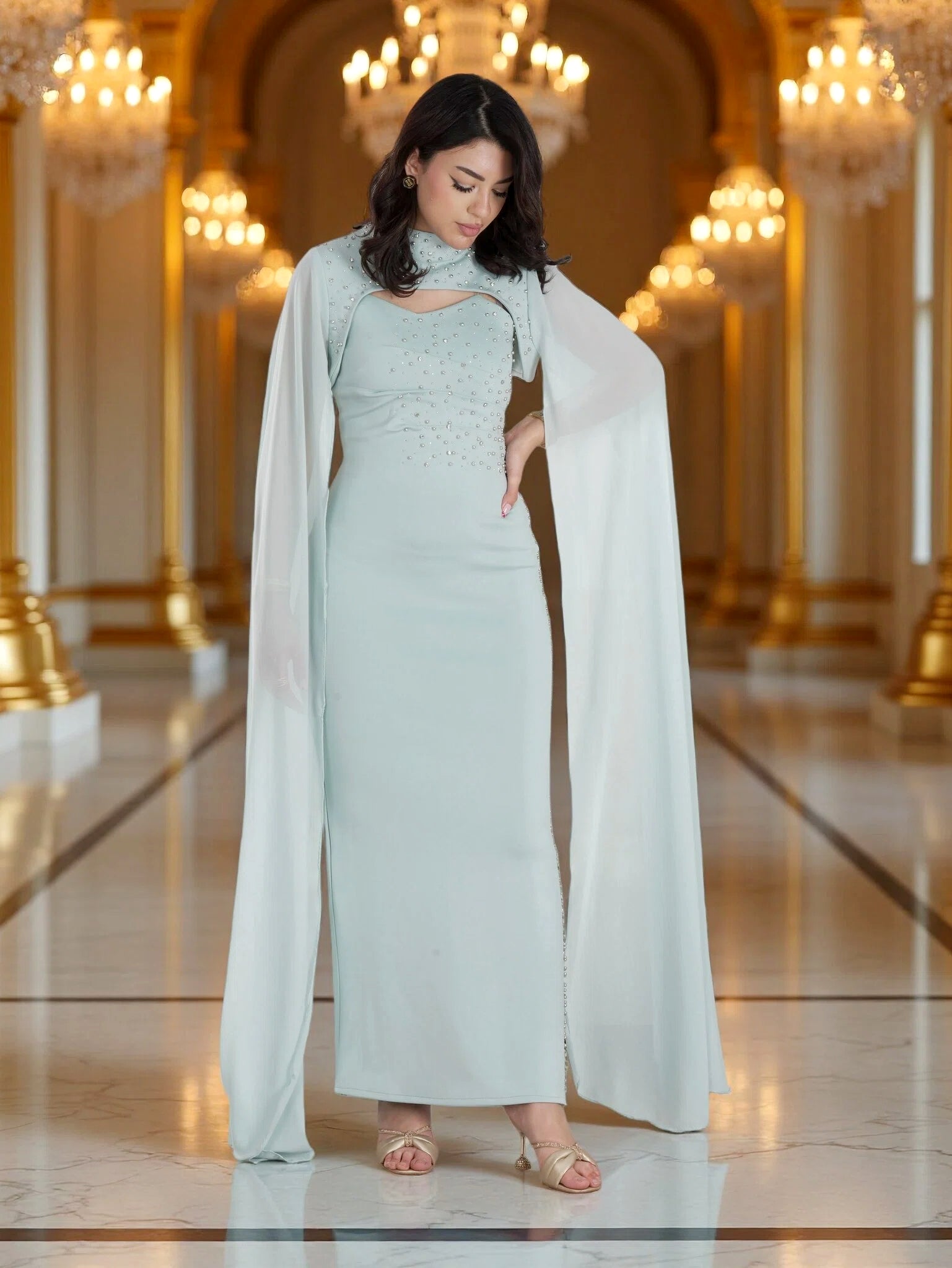 Luxury Mint Green Beaded Cape Evening Gown – Elegant Modest Maxi Dress