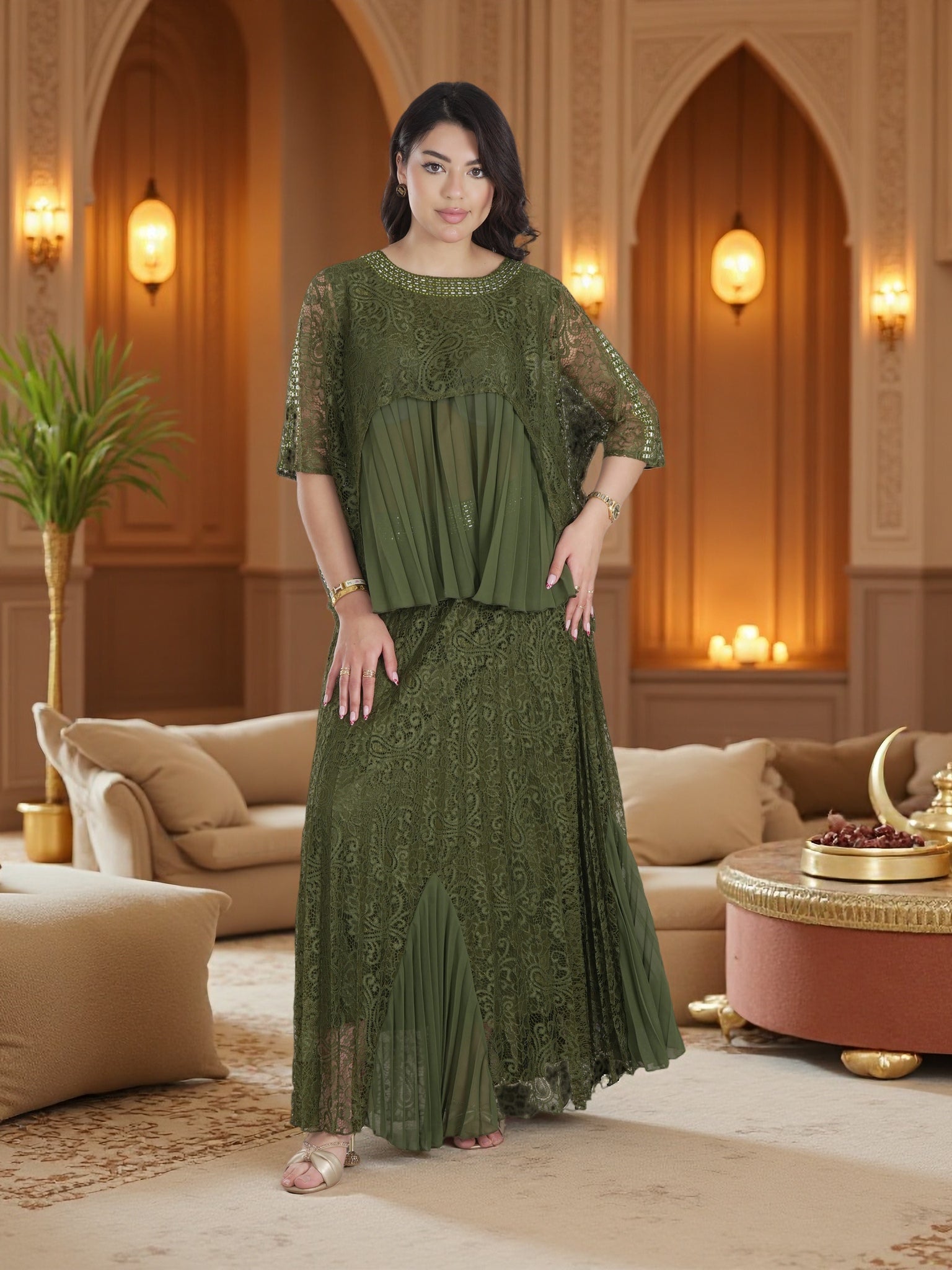 Luxury Olive Green Lace Pleated Maxi Dress – Elegant Modest Evening & Ramadan Occasion Gown