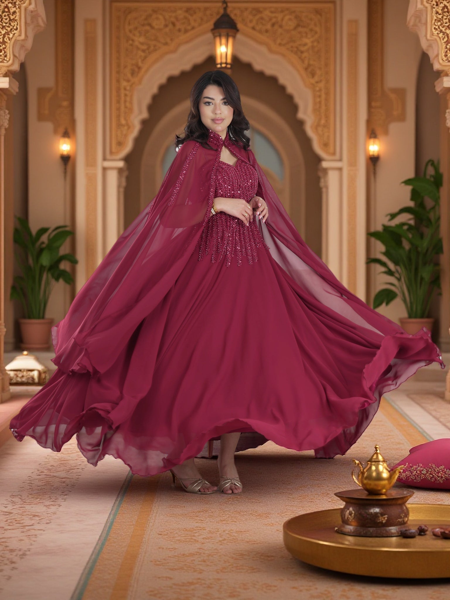 Royal Burgundy Beaded Cape Evening Gown – Luxury Modest Chiffon Maxi Dress