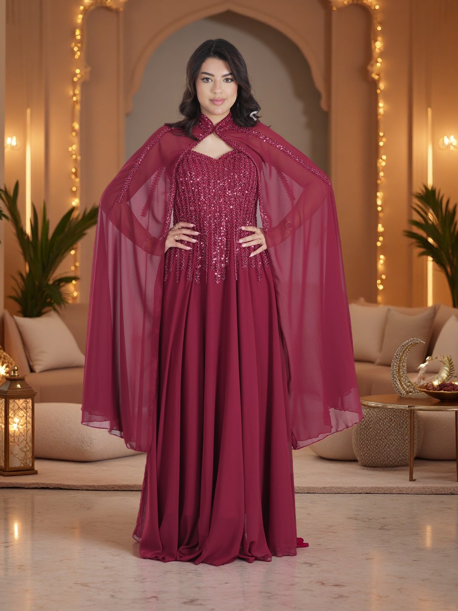 burgundy cape dress Royal Burgundy Beaded Cape Evening Gown – Luxury Modest Chiffon Maxi D –  FineLook