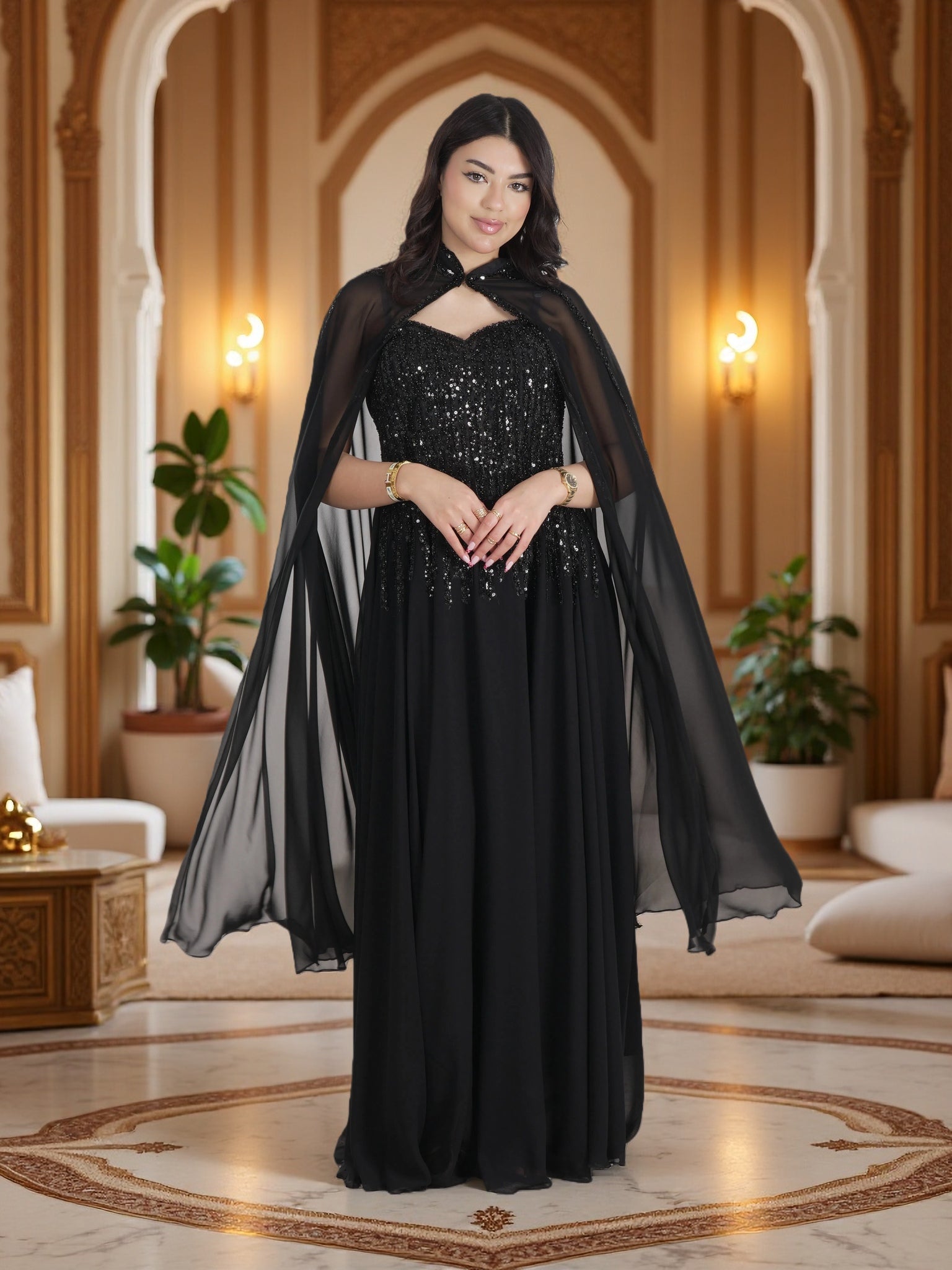 Luxury Black Cape Evening Gown | Modest Beaded Chiffon Maxi Dress for Women