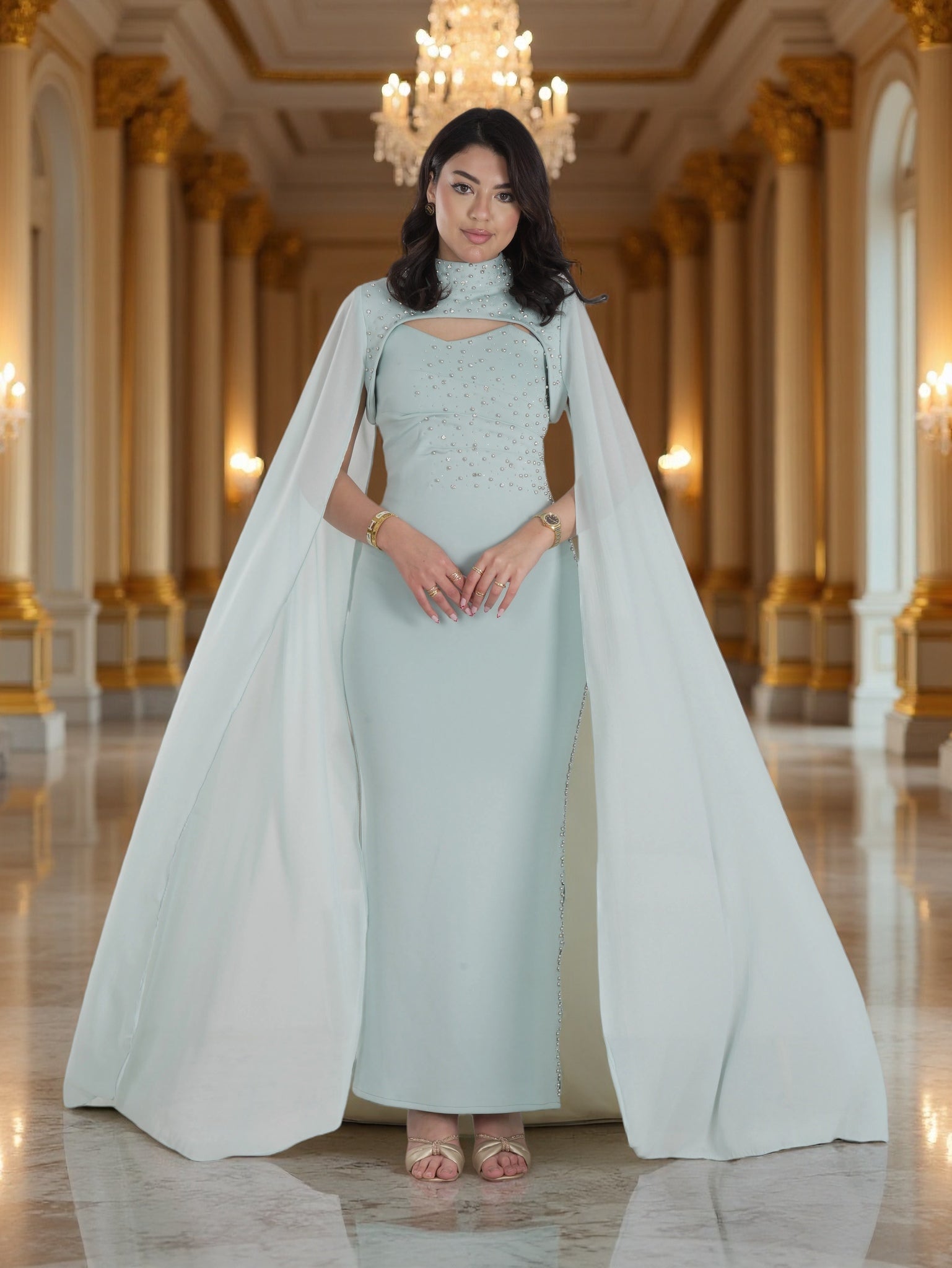 Luxury Mint Green Beaded Cape Evening Gown – Elegant Modest Maxi Dress