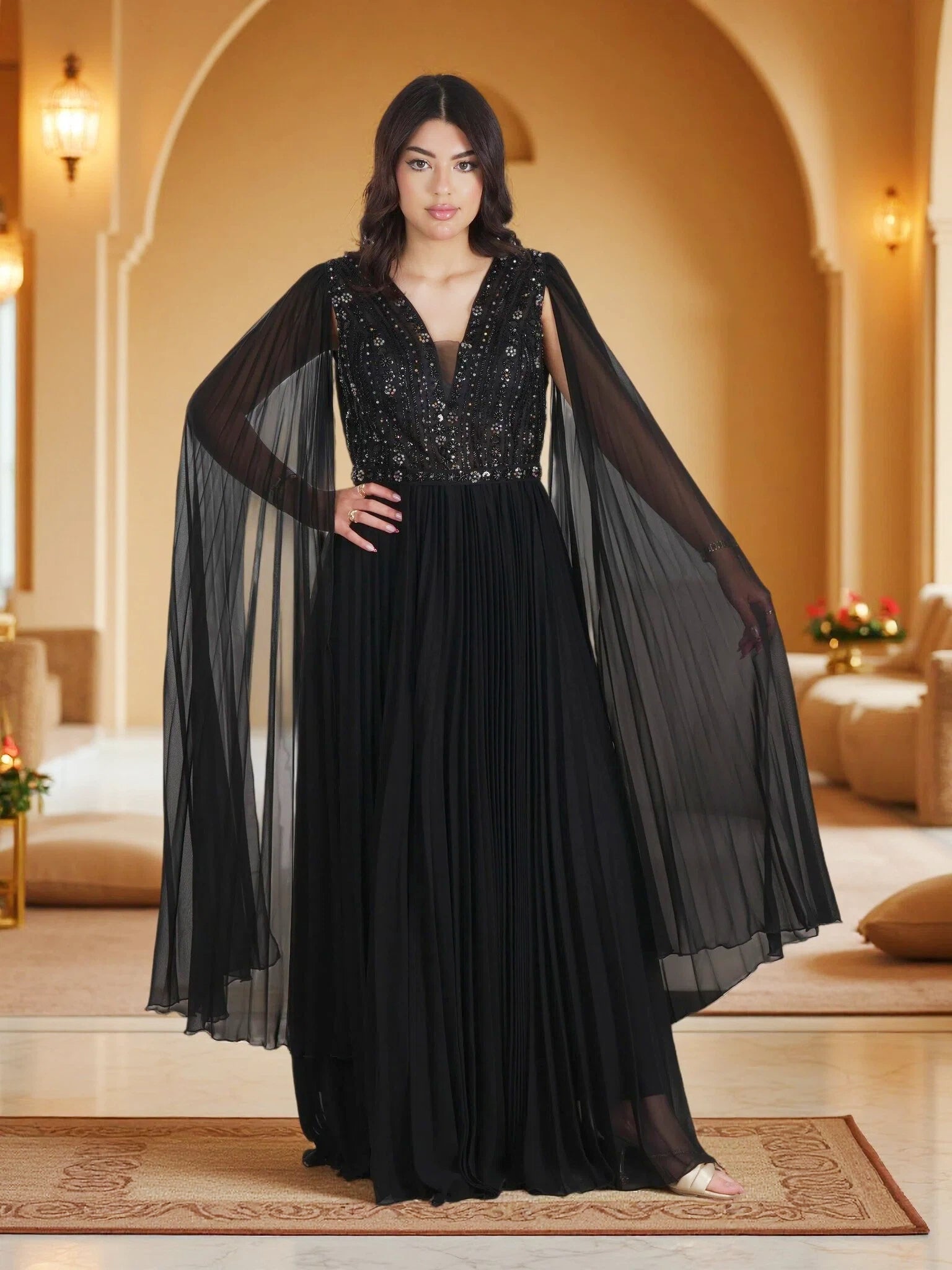 Luxury Black Embellished Cape Maxi Gown – Elegant Modest Chiffon Evening Dress
