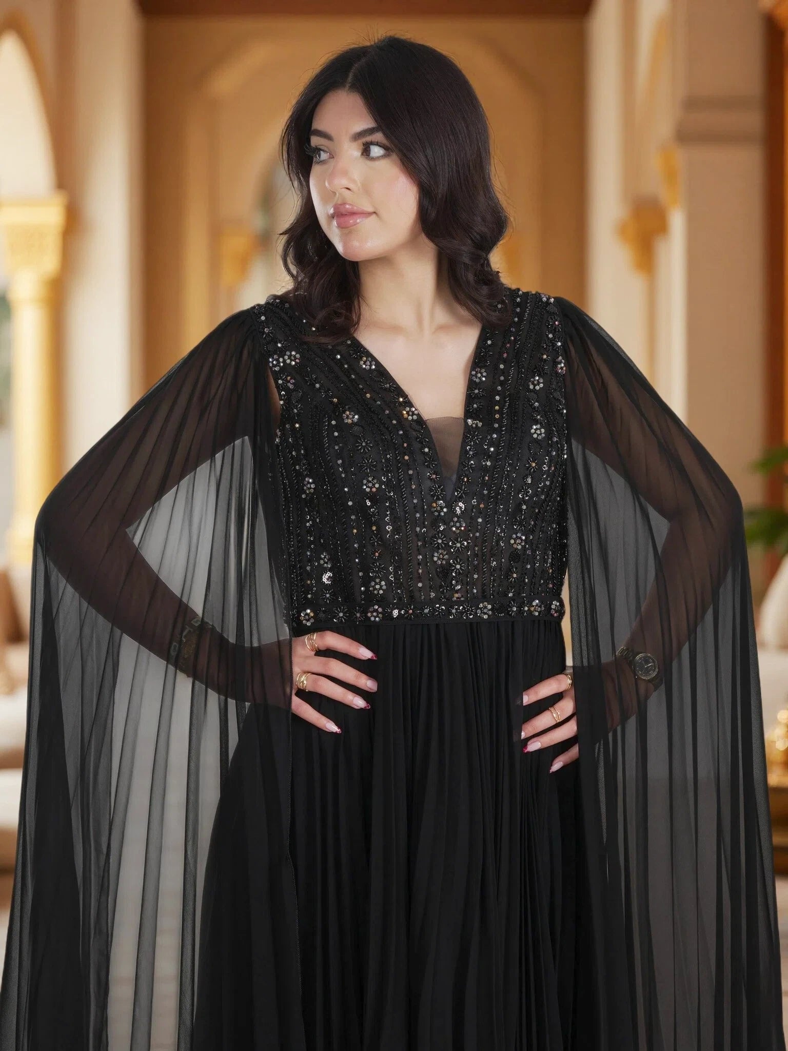 Luxury Black Embellished Cape Maxi Gown – Elegant Modest Chiffon Evening Dress