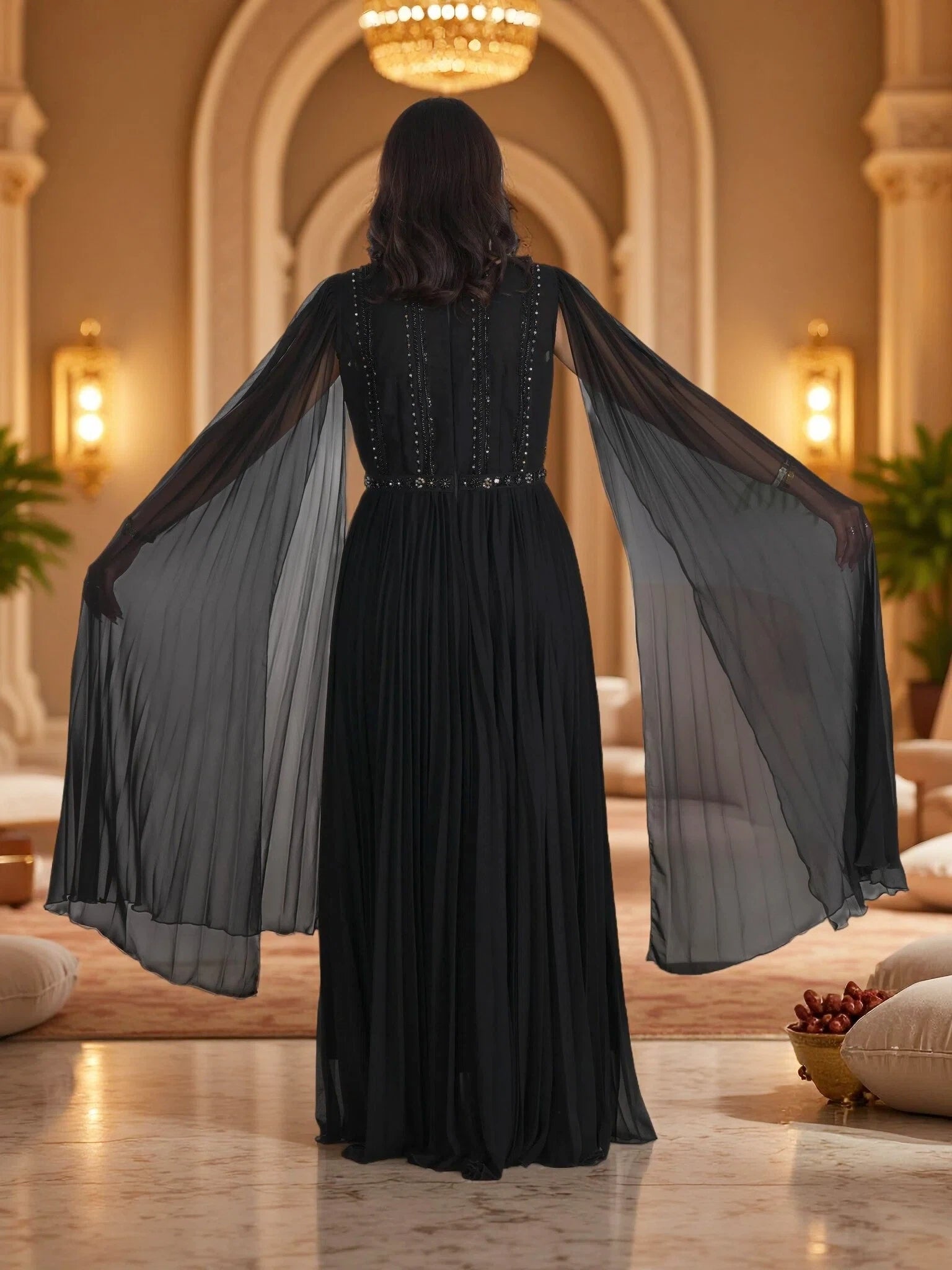 Luxury Black Embellished Cape Maxi Gown – Elegant Modest Chiffon Evening Dress