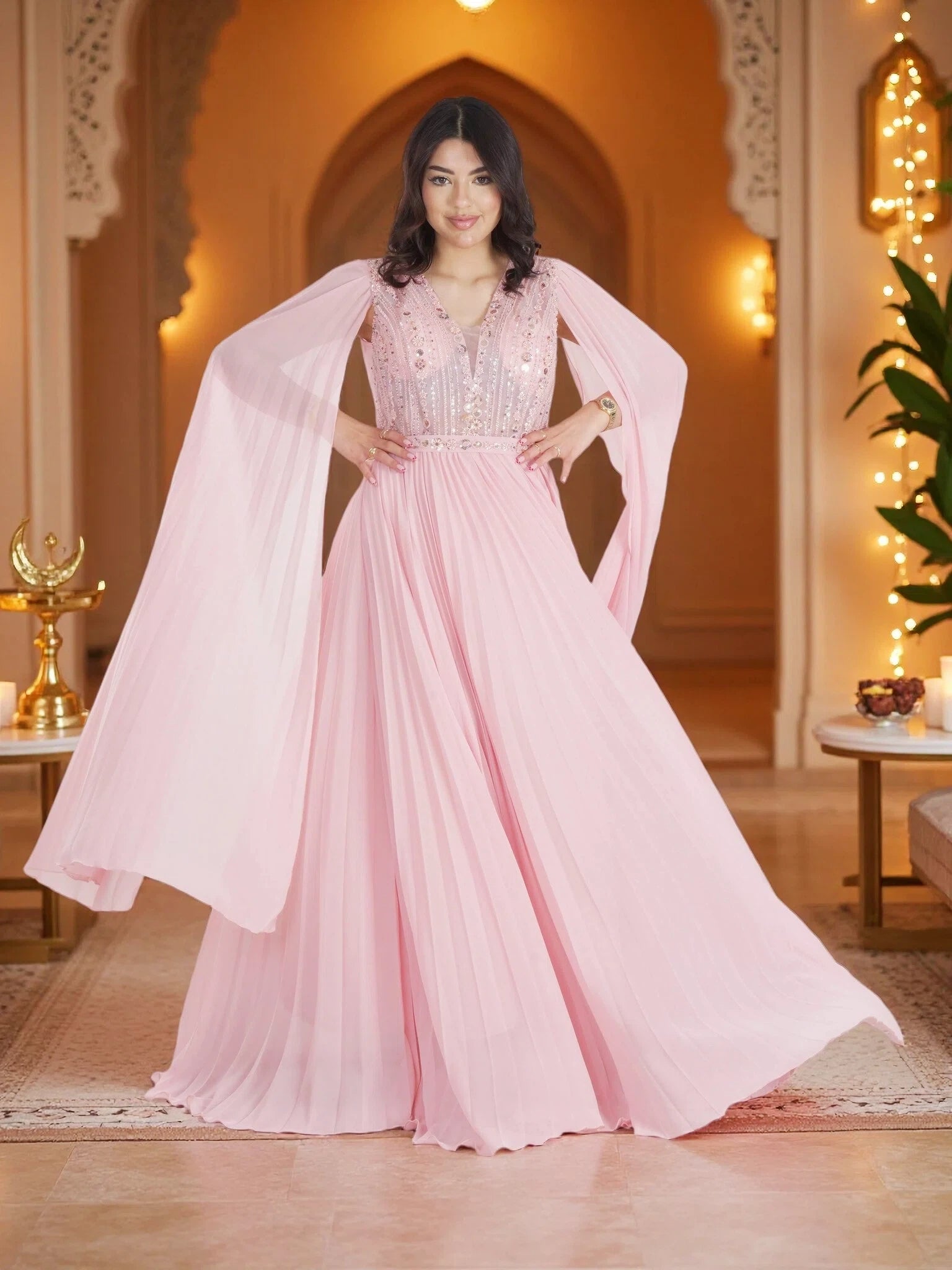 Luxury Blush Pink Pleated Cape Maxi Gown – Elegant Modest Chiffon Evening Dress