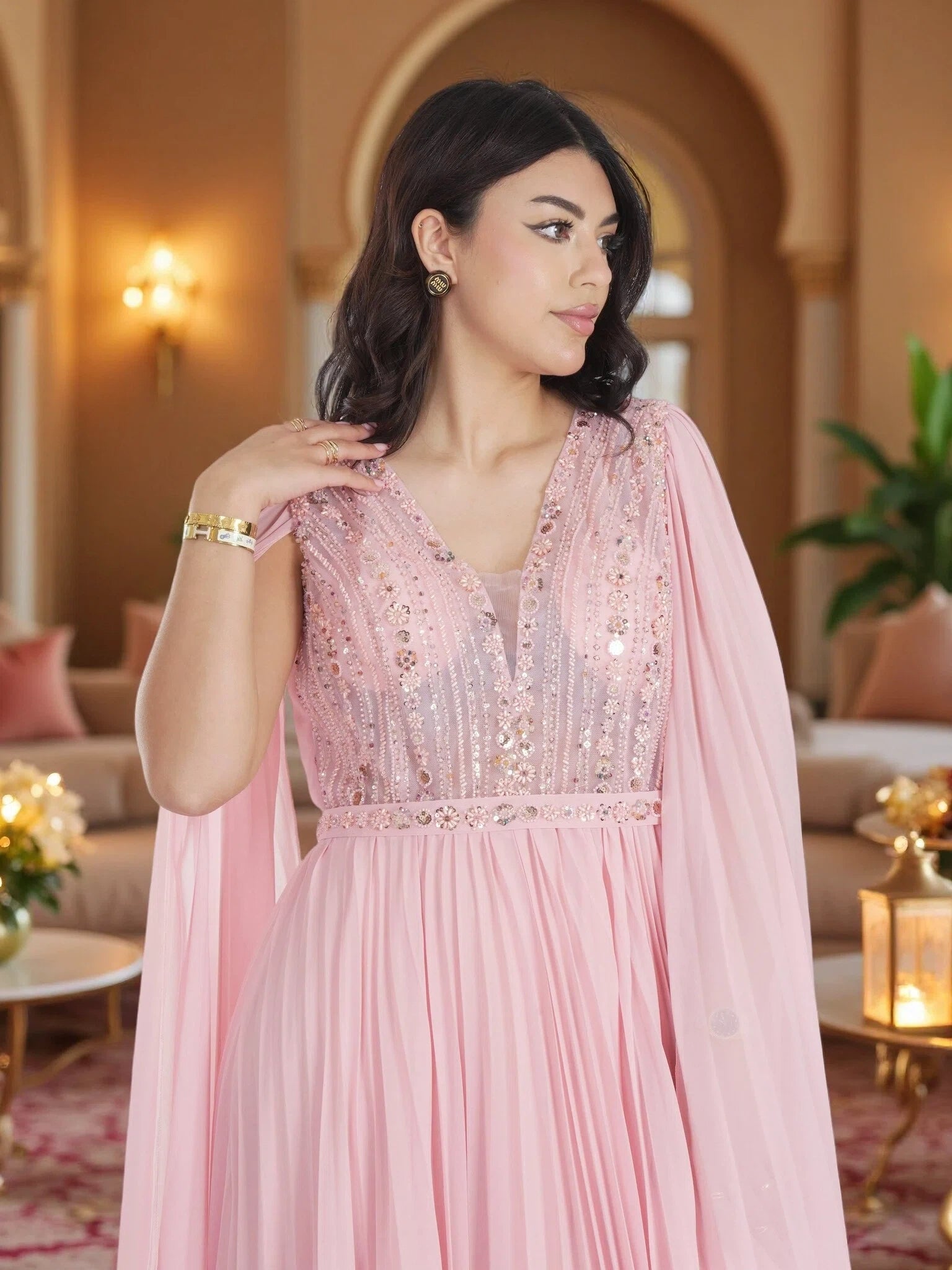 Luxury Blush Pink Pleated Cape Maxi Gown – Elegant Modest Chiffon Evening Dress