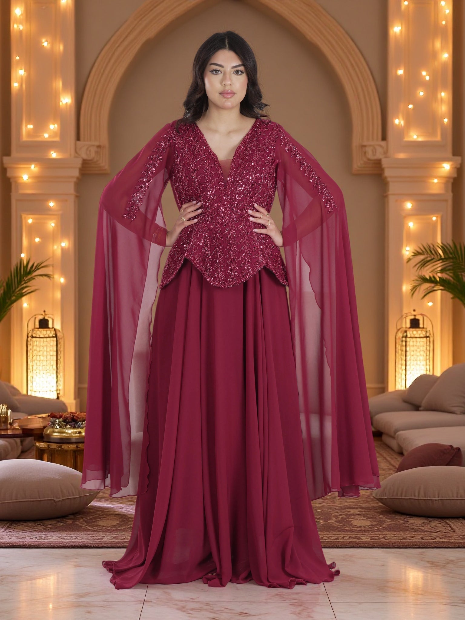 Royal Burgundy Embellished Cape Evening Gown – Luxury Modest Chiffon Maxi Dress