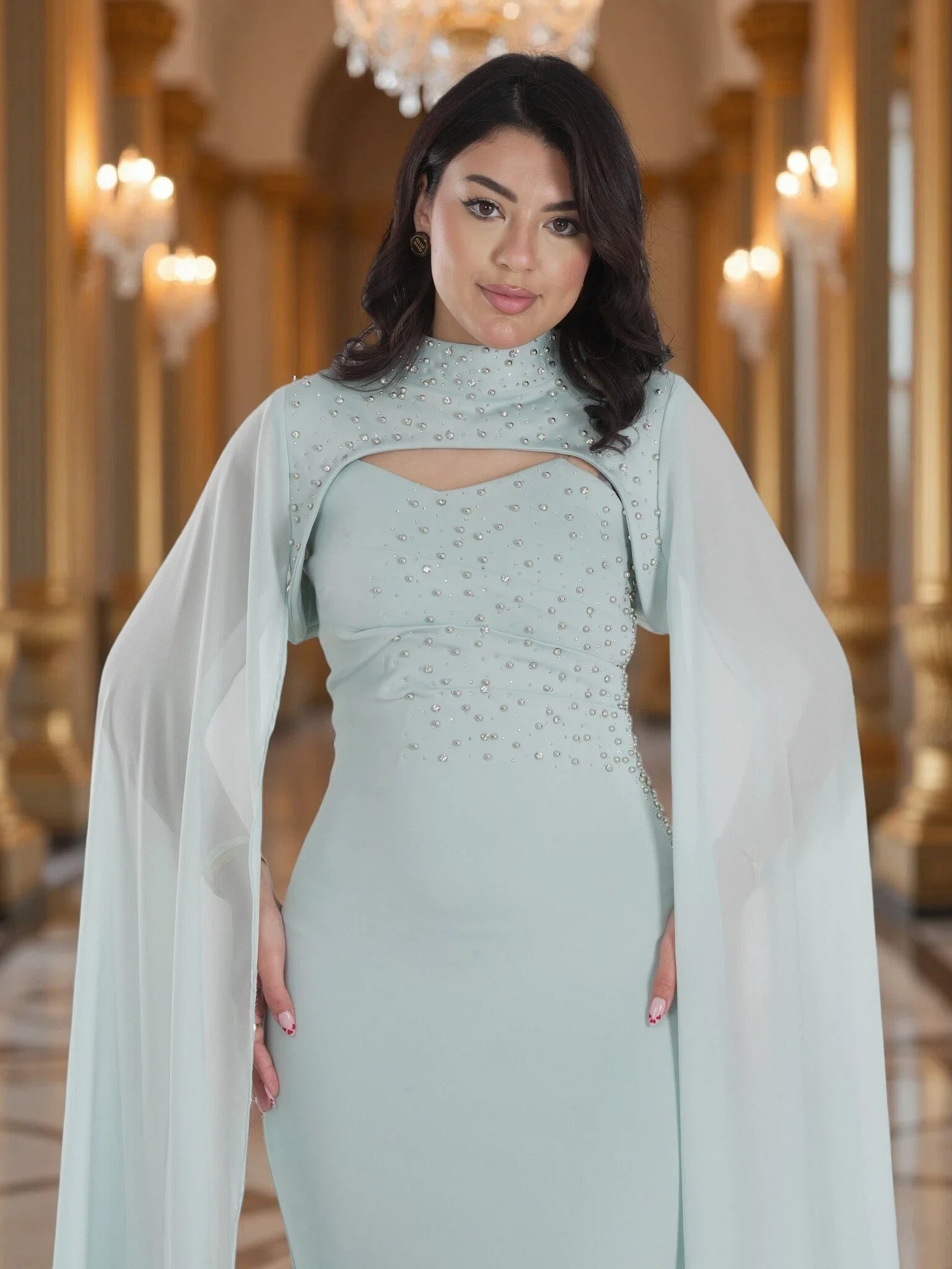 Luxury Mint Green Beaded Cape Evening Gown – Elegant Modest Maxi Dress