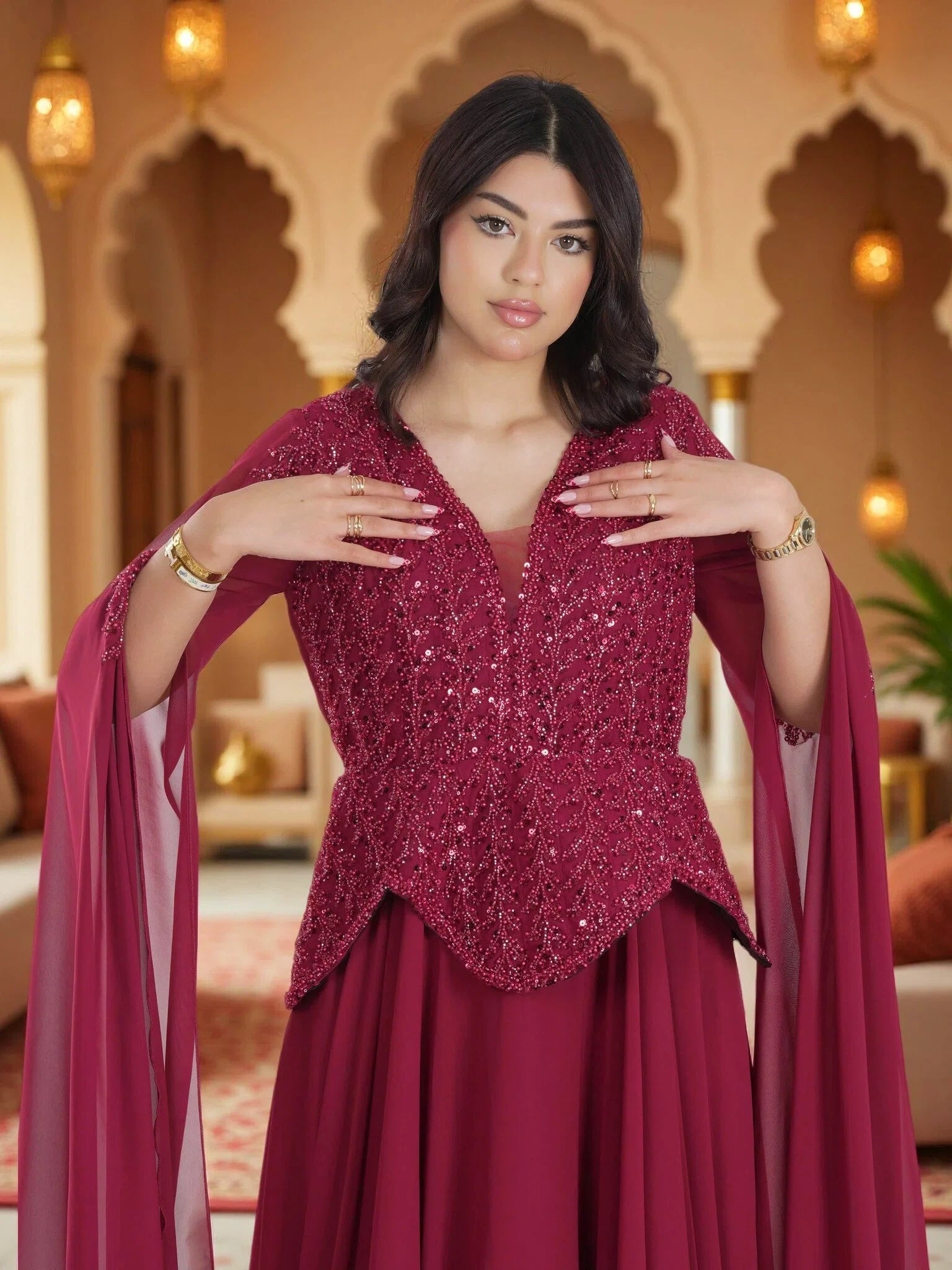 Royal Burgundy Embellished Cape Evening Gown – Luxury Modest Chiffon Maxi Dress