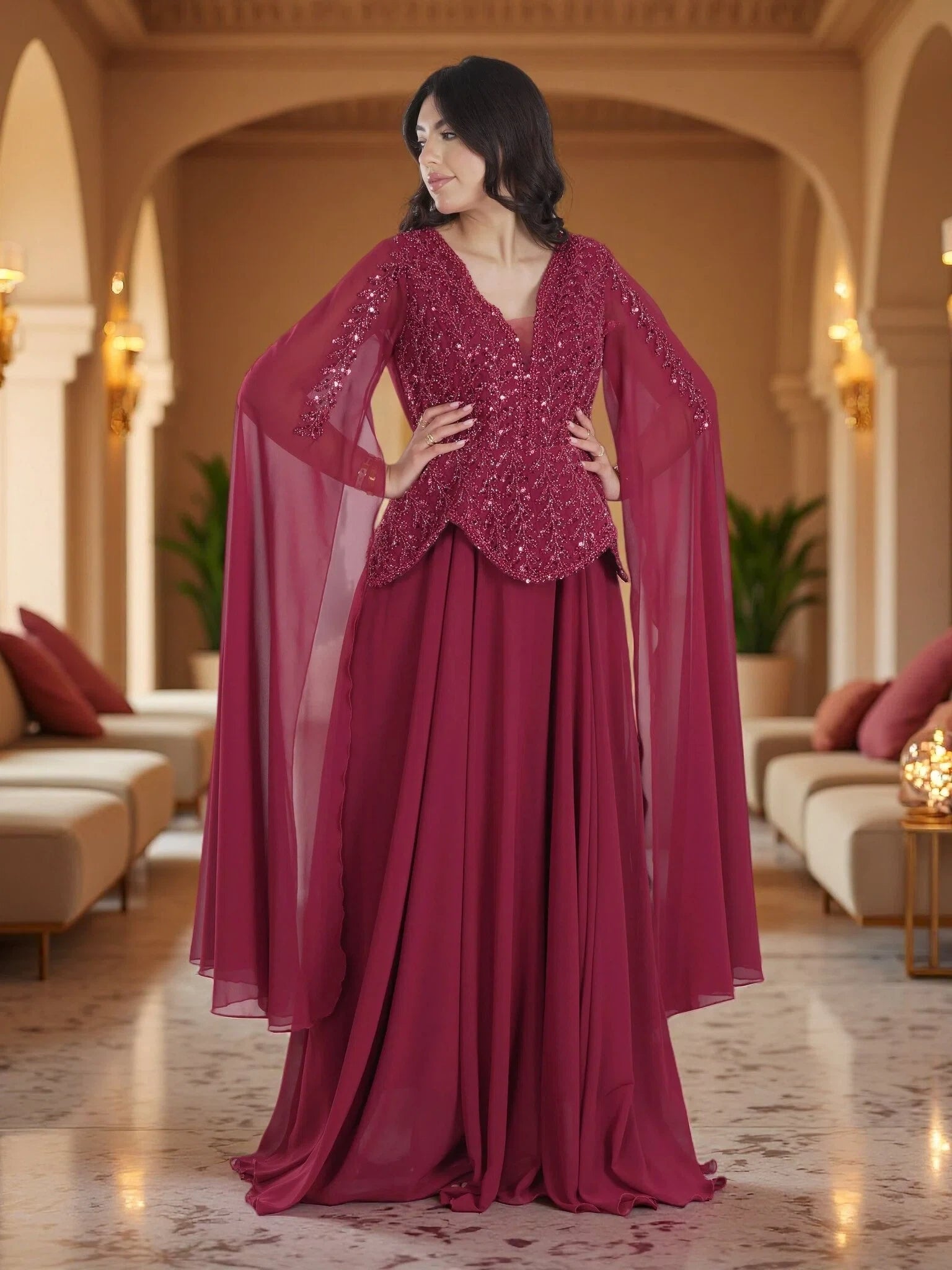 Royal Burgundy Embellished Cape Evening Gown – Luxury Modest Chiffon Maxi Dress