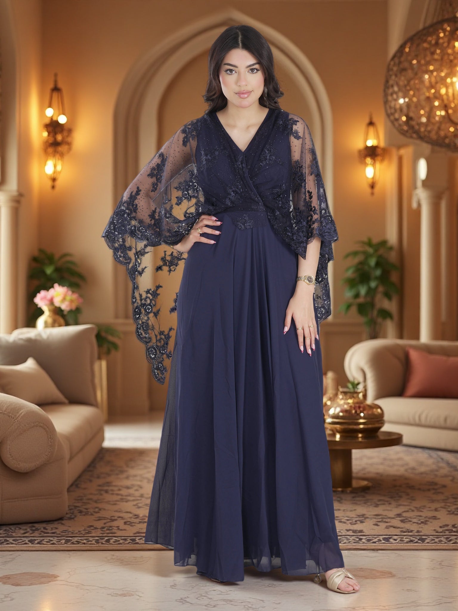 Luxury Navy Blue Lace Cape Maxi Dress – Elegant Modest Chiffon Evening Gown