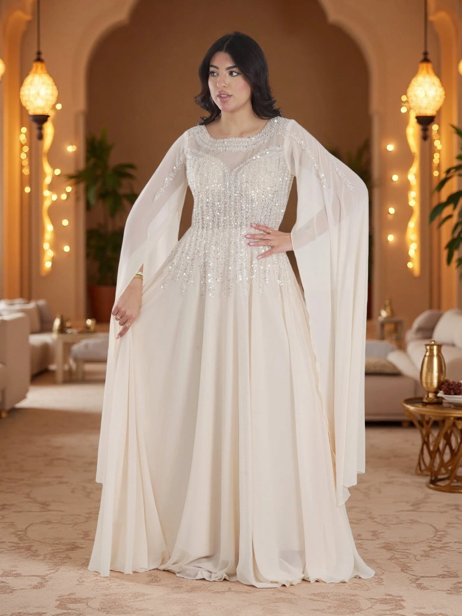 Luxury Ivory Pearl Beaded Cape Maxi Gown – Elegant Modest Chiffon Evening Dress