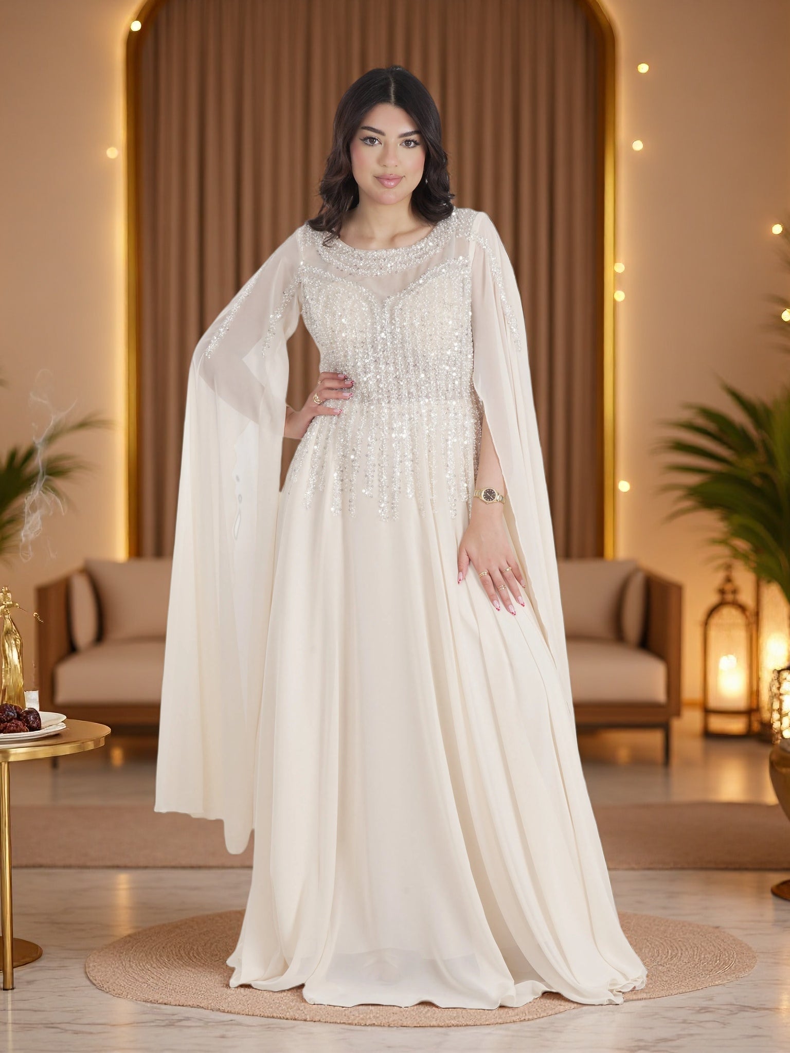 Luxury Ivory Pearl Beaded Cape Maxi Gown – Elegant Modest Chiffon Evening Dress