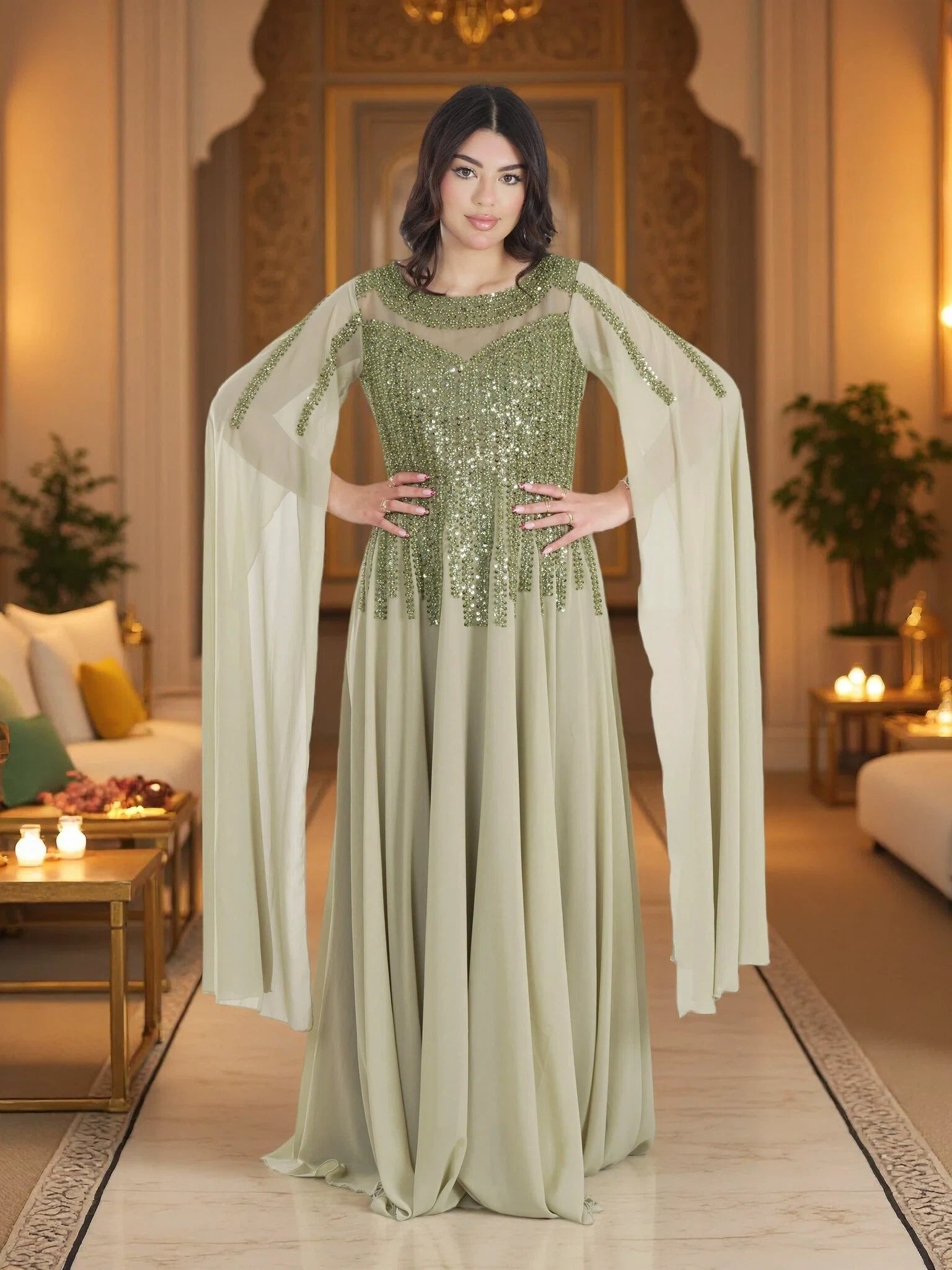 Luxury Sage Green Embellished Cape Maxi Gown – Elegant Modest Chiffon Evening Dress