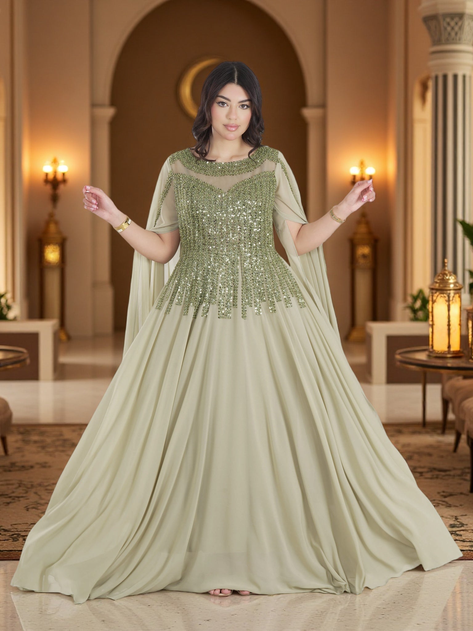Luxury Sage Green Embellished Cape Maxi Gown – Elegant Modest Chiffon Evening Dress