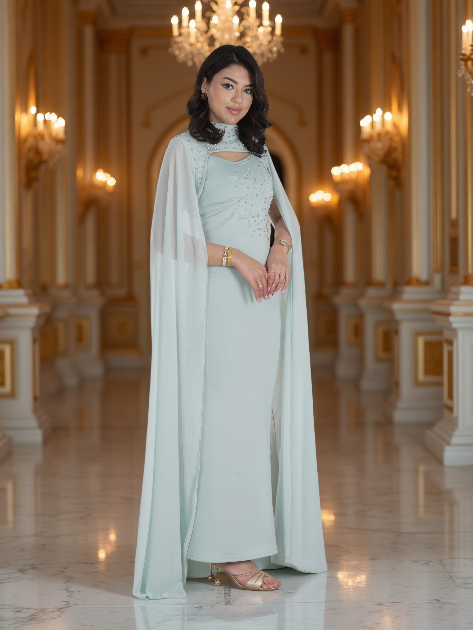 Luxury Mint Green Beaded Cape Evening Gown – Elegant Modest Maxi Dress