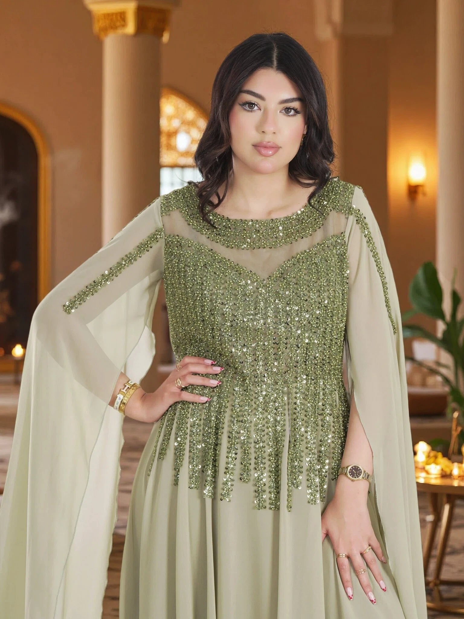 Luxury Sage Green Embellished Cape Maxi Gown Elegant Modest Chiffon FineLook Luxury Sage Green Embellished Cape Maxi Gown Elegant Modest Chiffon FineLook