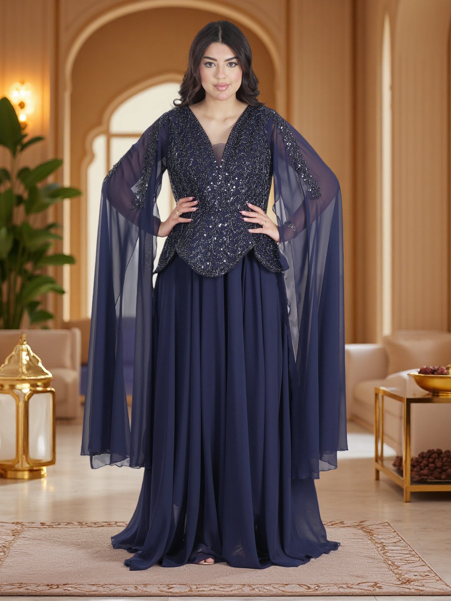 Luxury Navy Blue Embellished Cape Maxi Gown – Elegant Modest Chiffon Evening Dress